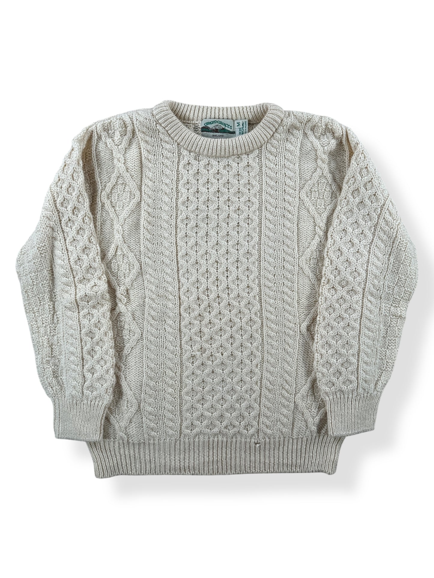 Front of Vintage Aran Crafts Cable Knit Wool Sweater SZ M