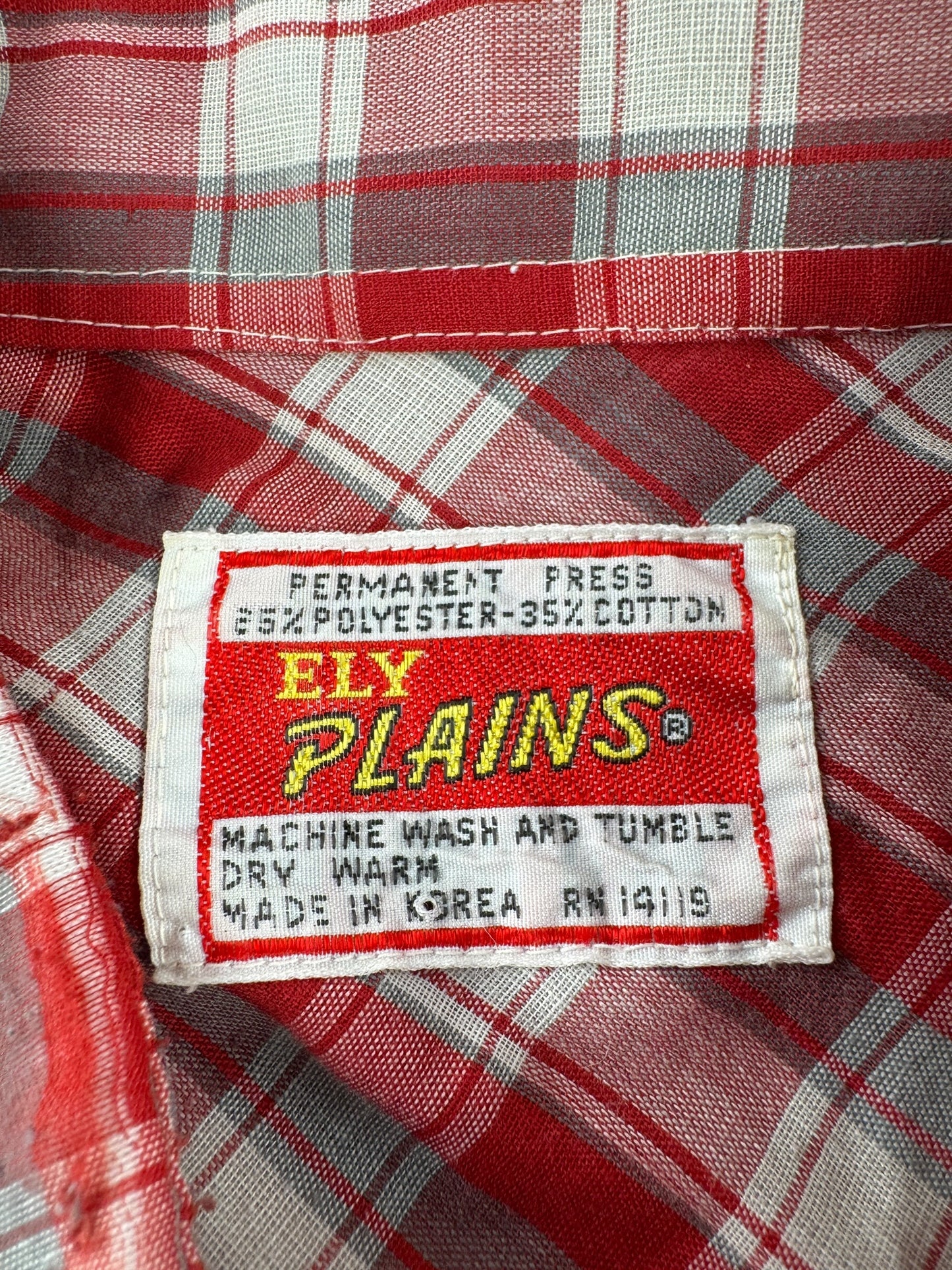 Label on Vintage Ely Plains Short Sleeve Pearl Snap SZ XL