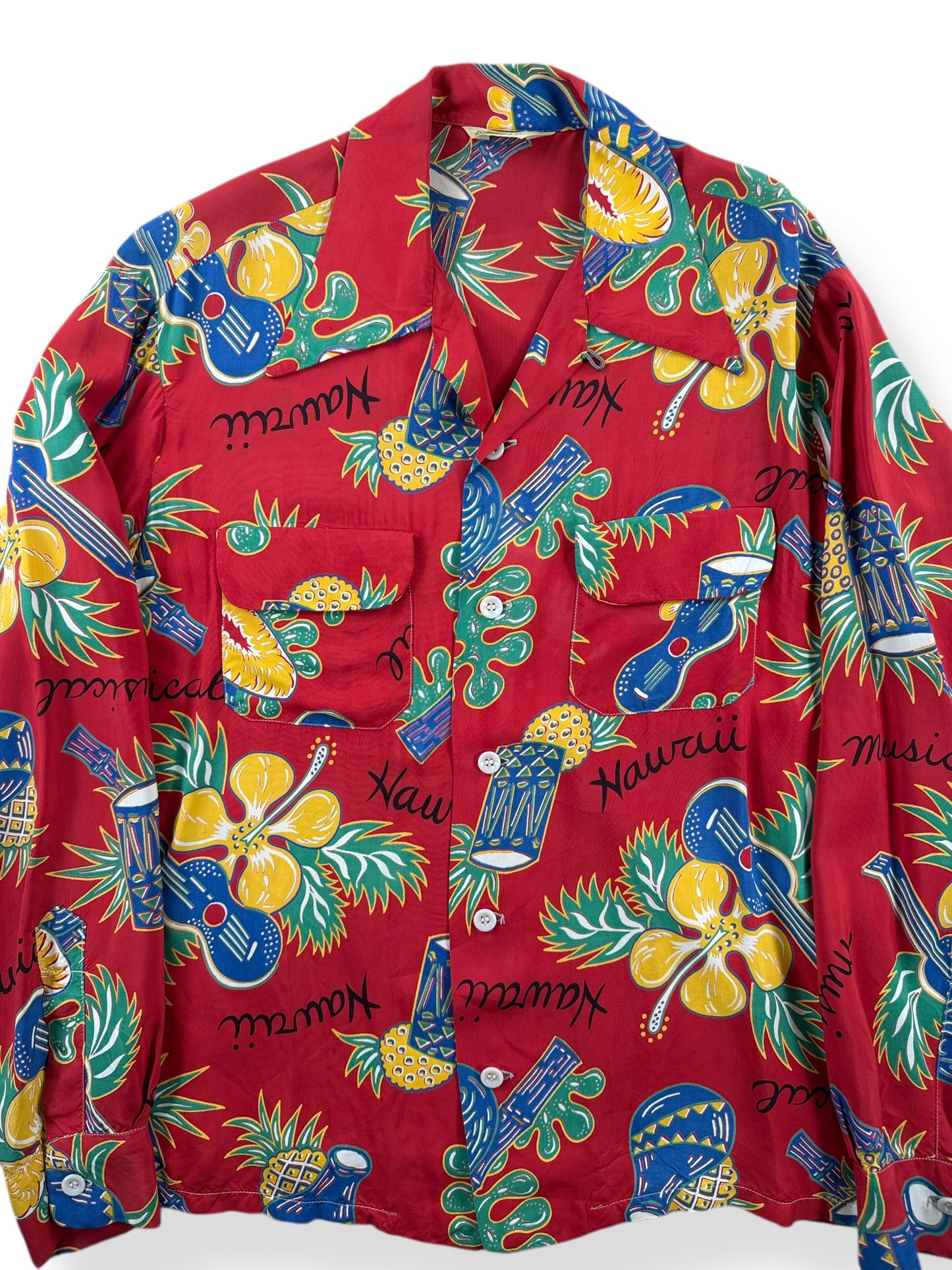 Front Close Up of Vintage Made in California Long Sleeve Rayon Aloha Shirt SZ M