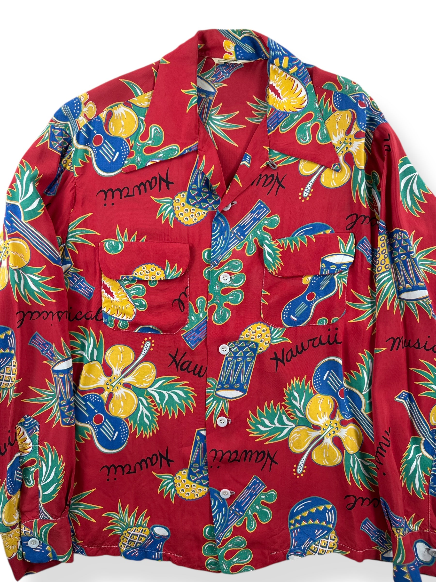 Front Close Up of Vintage Made in California Long Sleeve Rayon Aloha Shirt SZ M