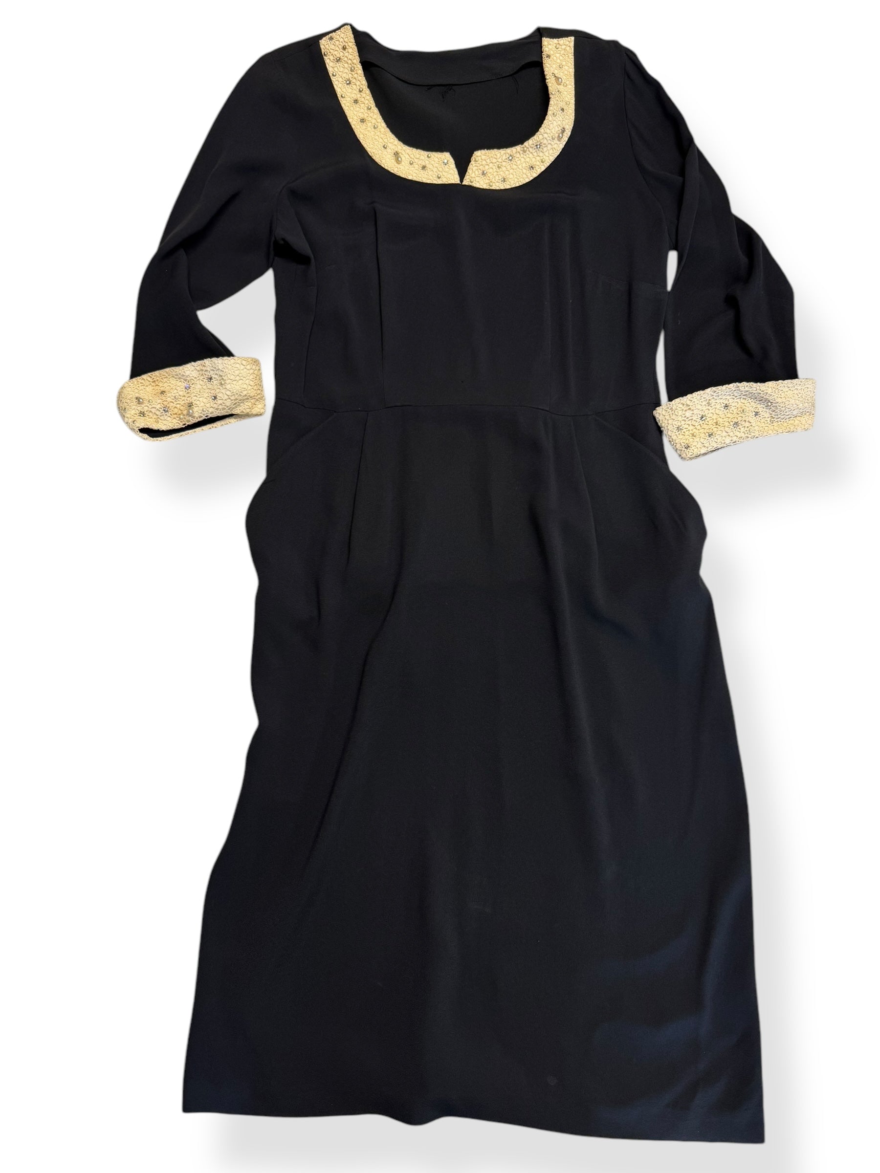 Front view of 1940s Black Rayon Dress with Lace Details L