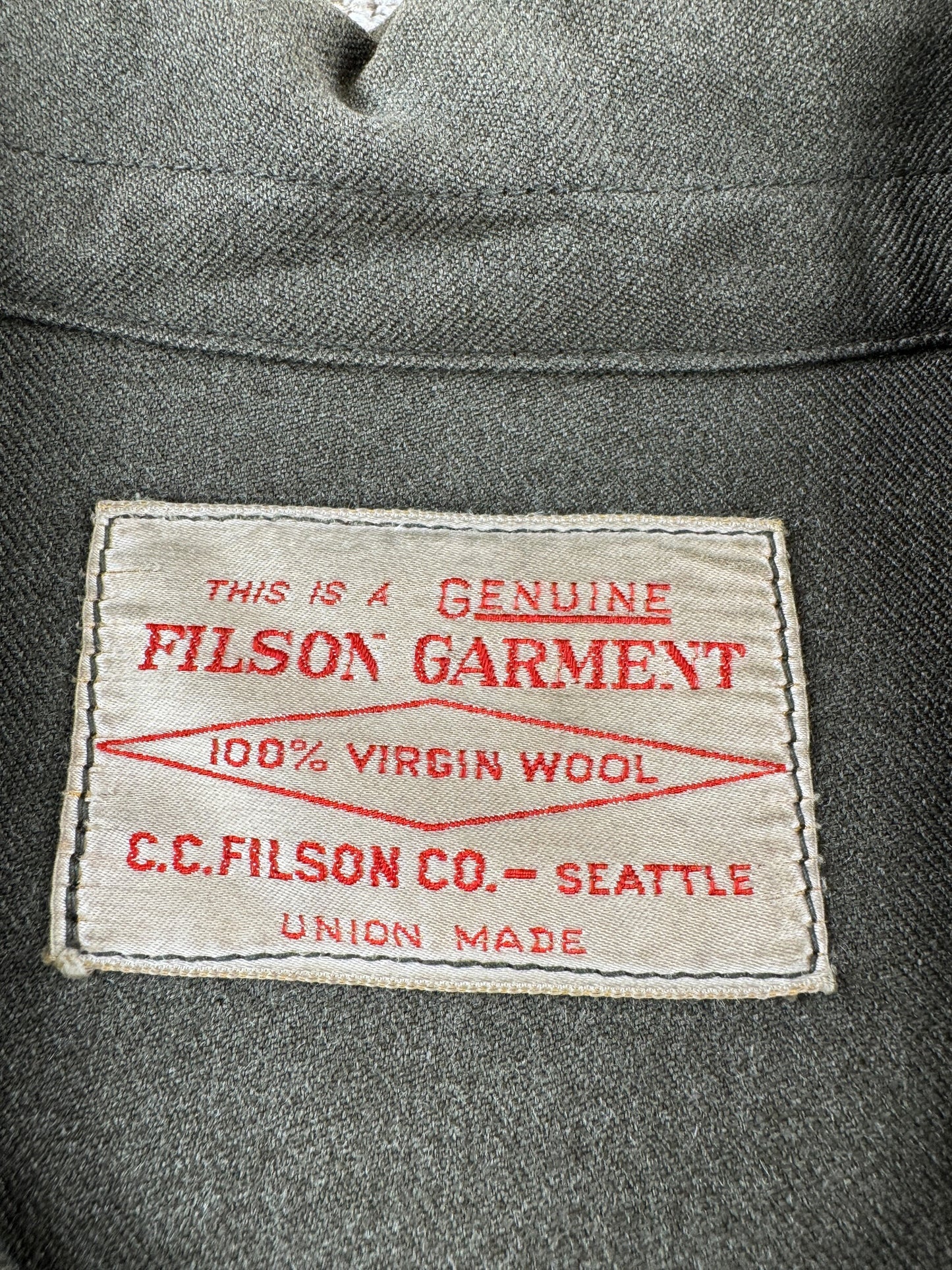 Label on Vintage Filson Forestry Cloth Cruiser SZ XXL