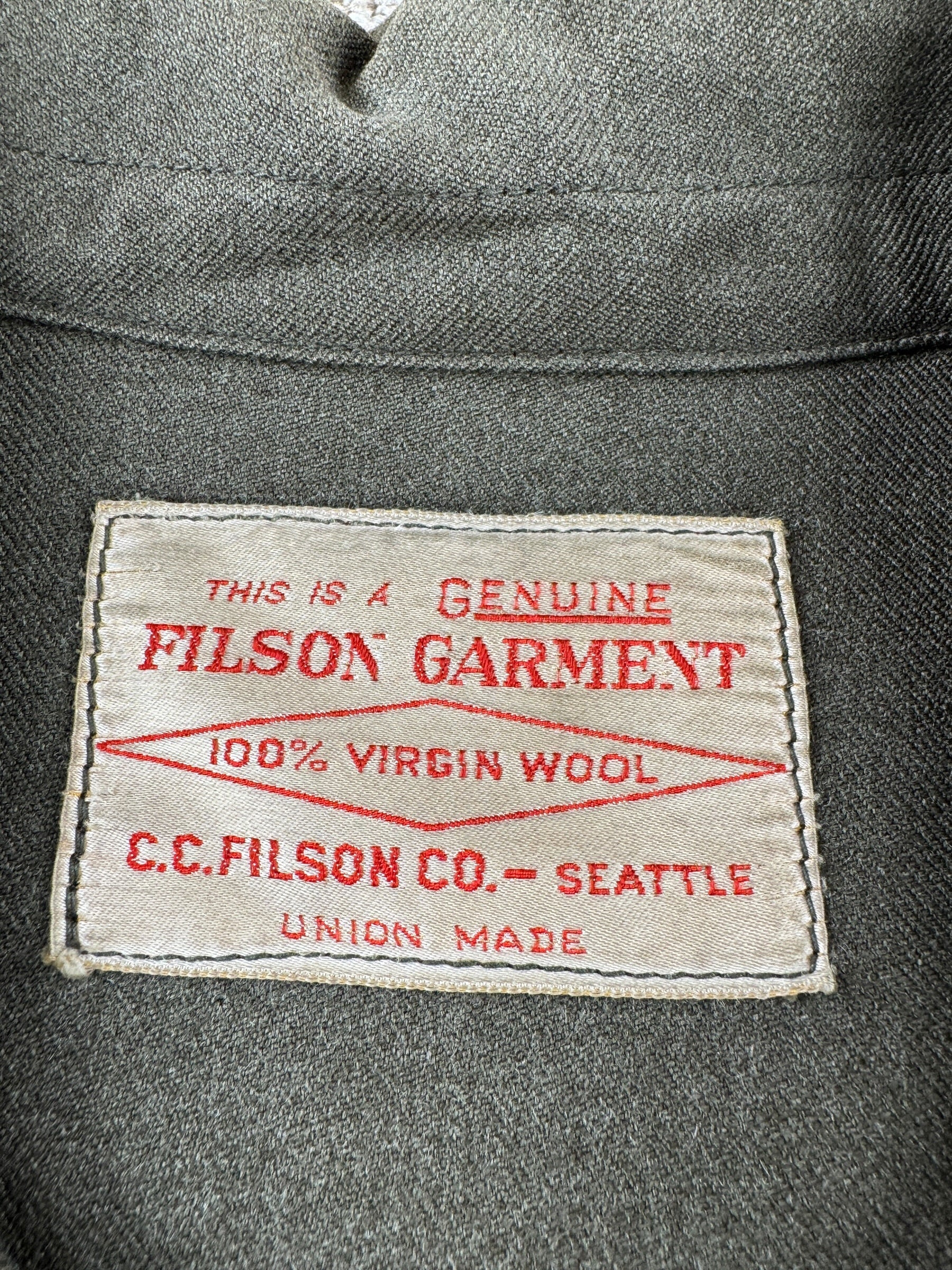 Label on Vintage Filson Forestry Cloth Cruiser SZ XXL