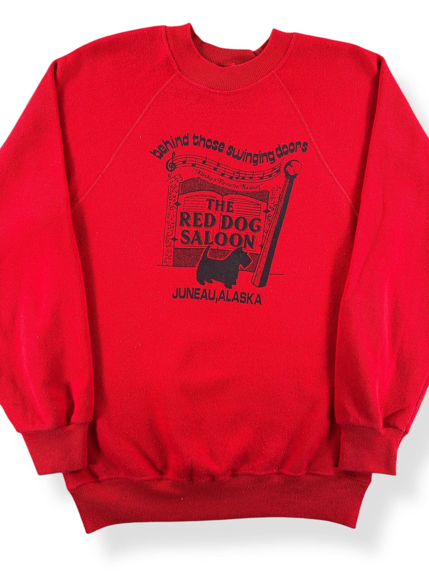 Front Close Up of Vintage Red Dog Saloon Crewneck SZ S (Fits XS)