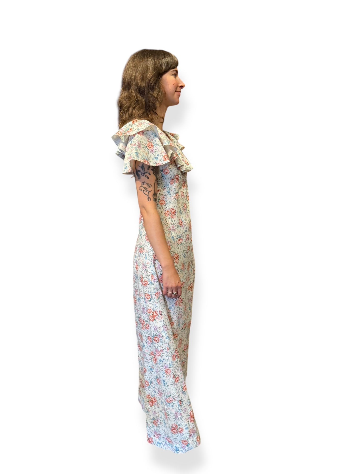 Side view of 1970s Floral Ruffle Maxi Dress S
