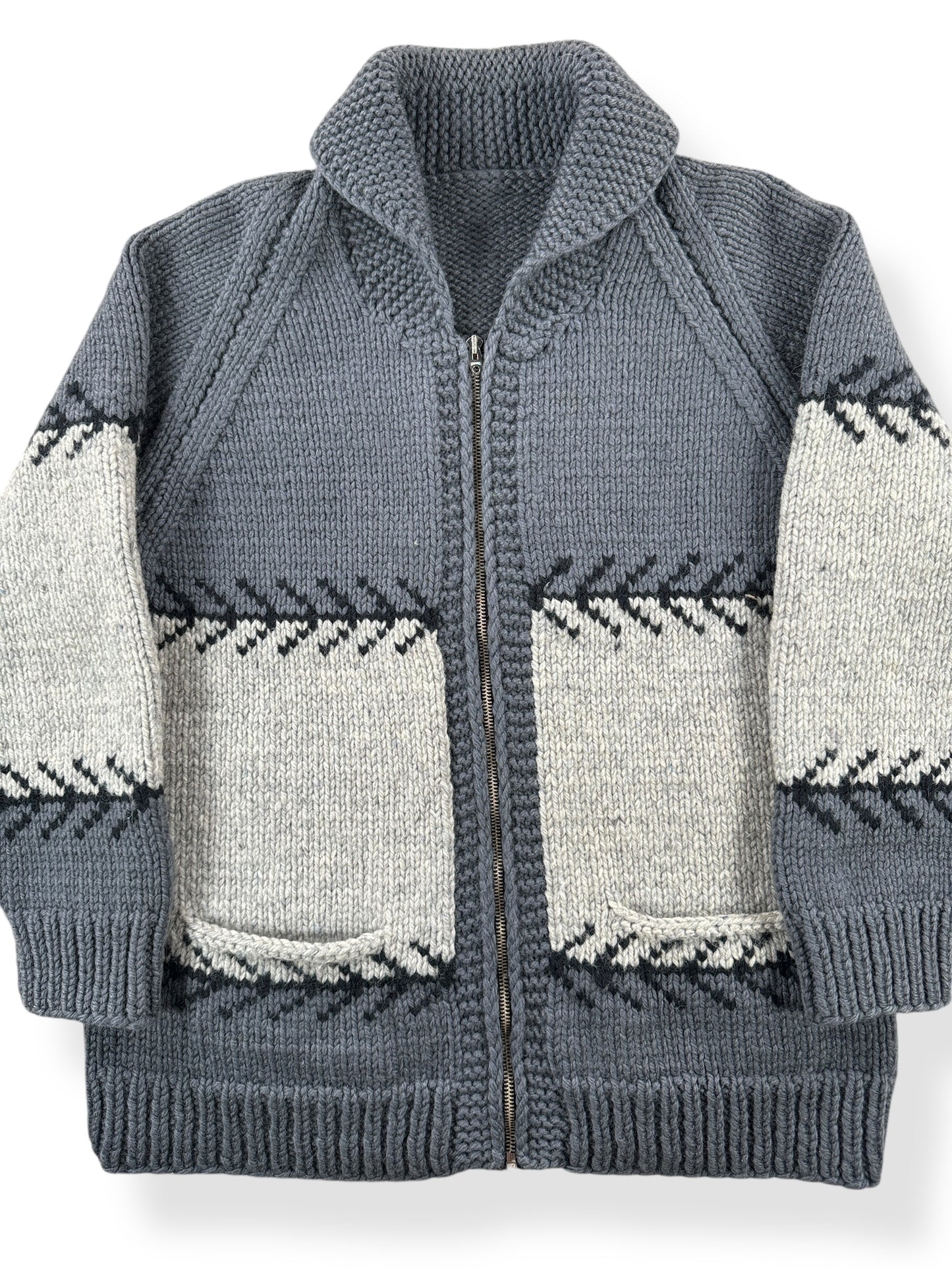 Front Close Up of Vintage Grey Patterned Cowichan Style Sweater SZ M