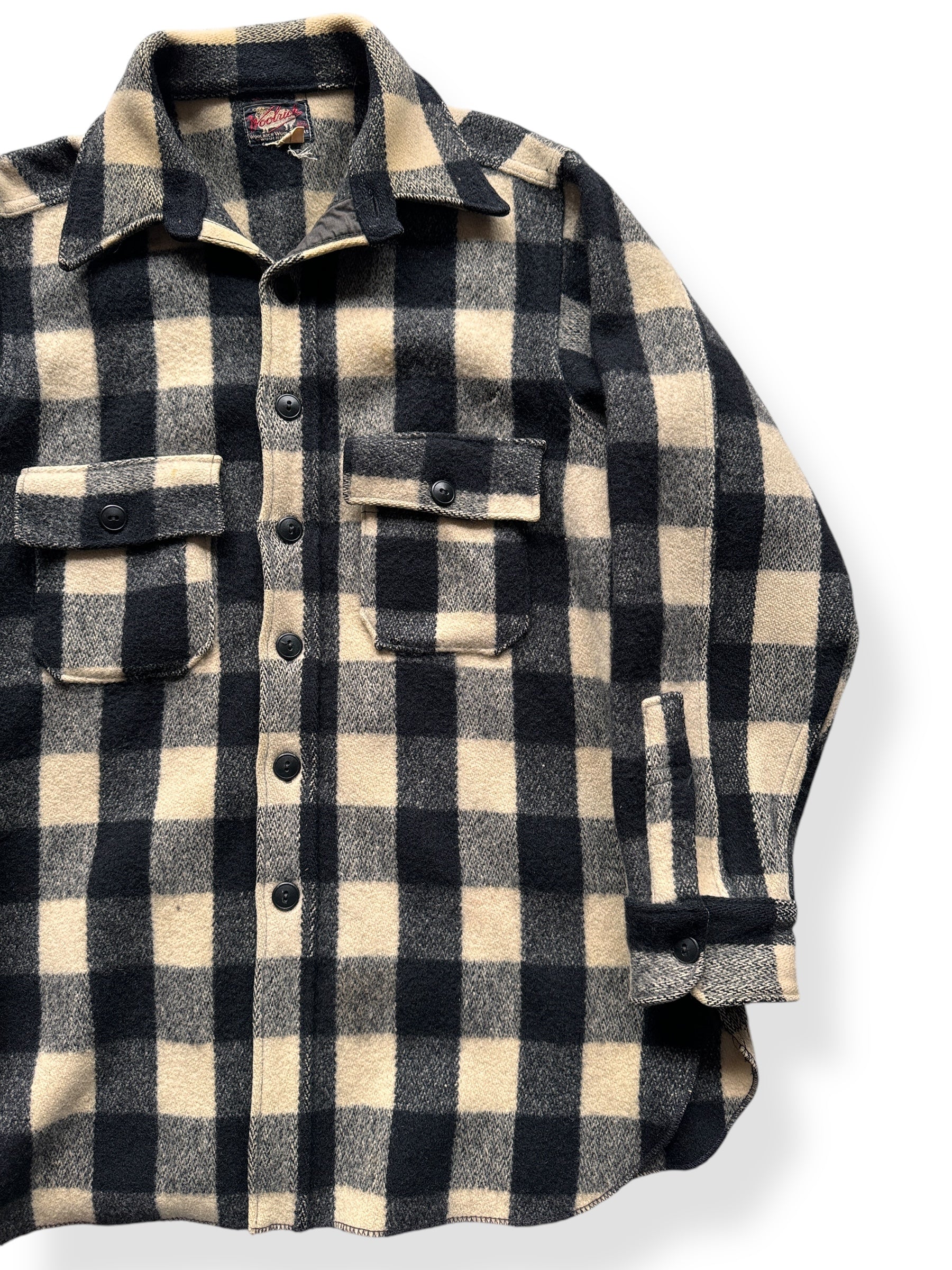 Front Left of 40s Era Vintage Woolrich Black & White Wool Coat SZ L