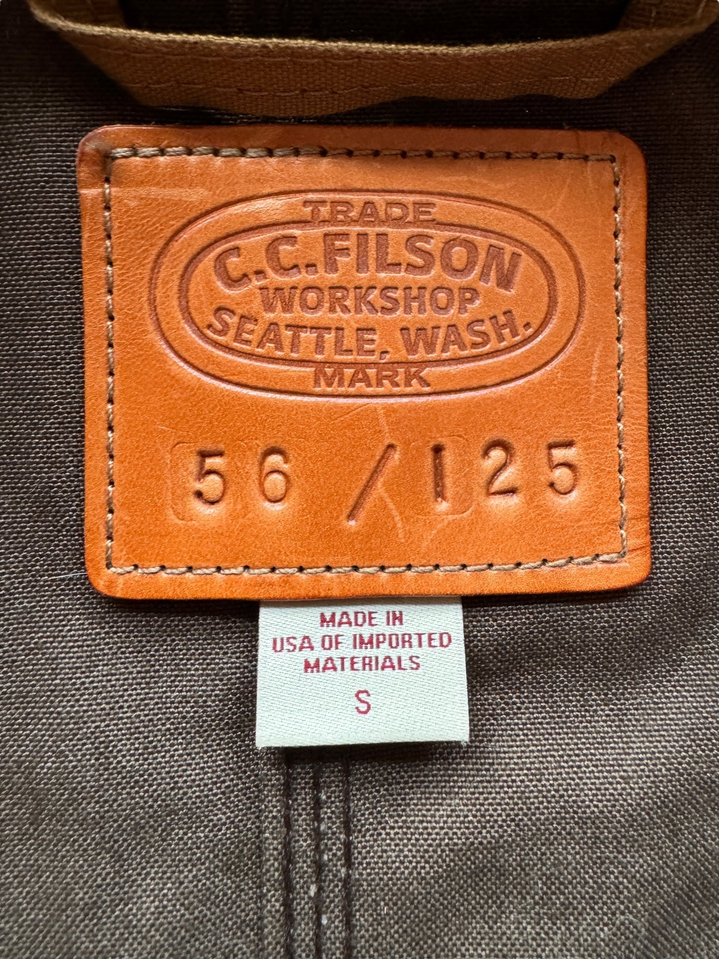 Tag on Filson Brown Workshop Jacket SZ S