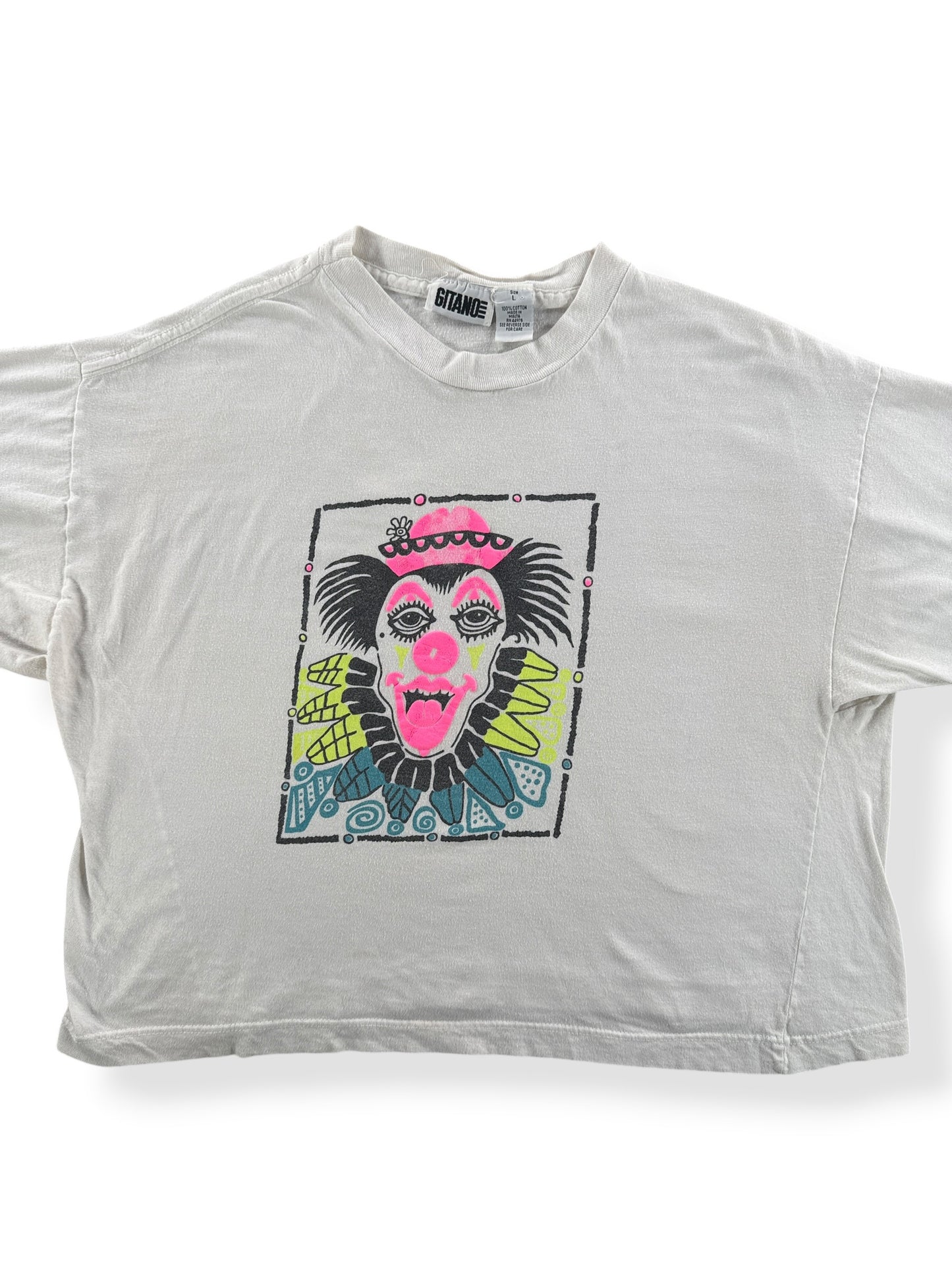 Front Close Up of Vintage Cropped Clown Tee SZ L
