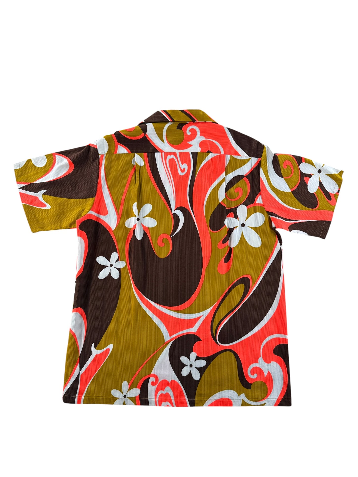 Back of Vintage Bradley Psychedelic Barkcloth Aloha Shirt SZ M