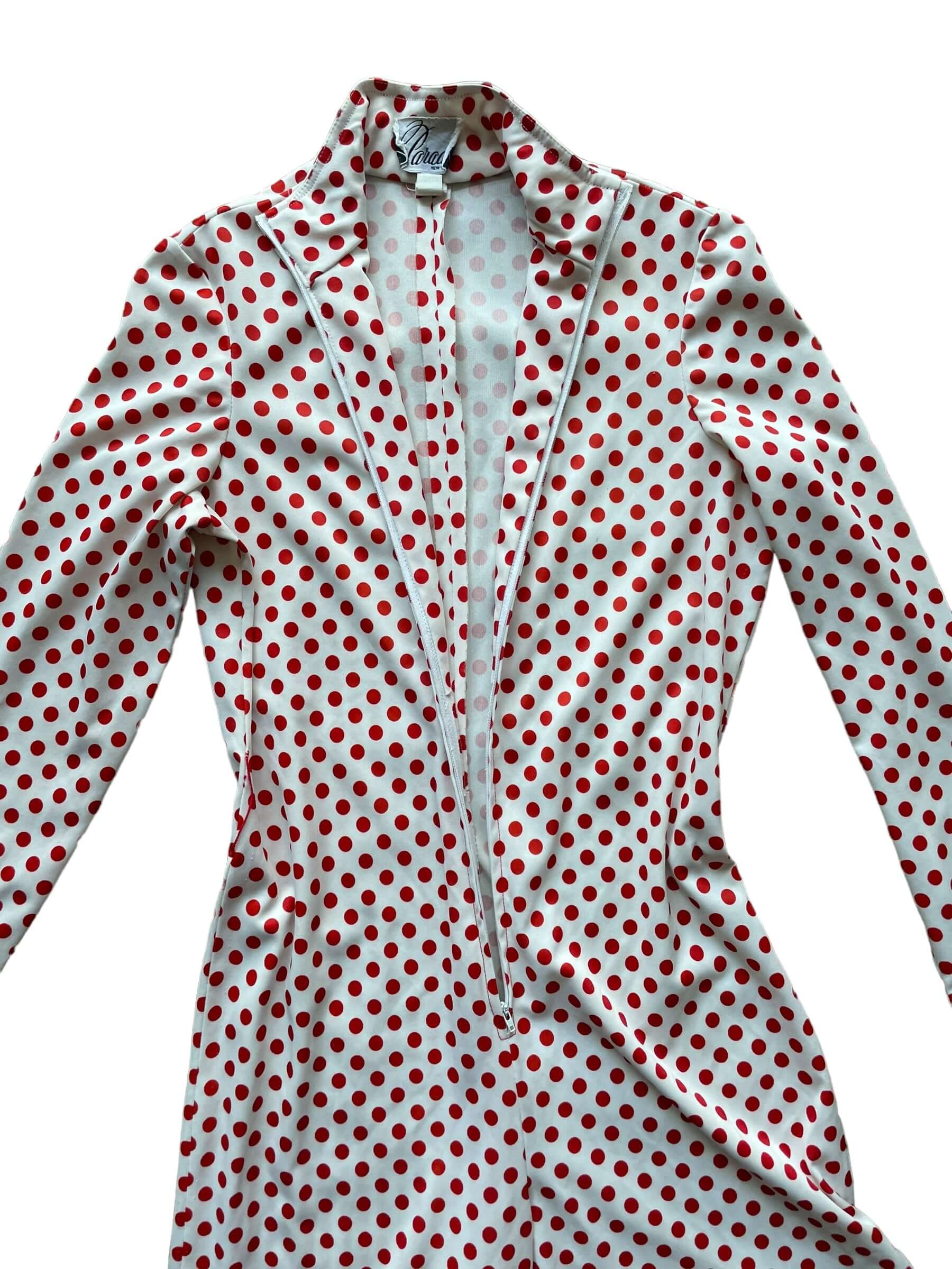 Open zipper view of 1970s Polka Dot Jumpsuit M-L