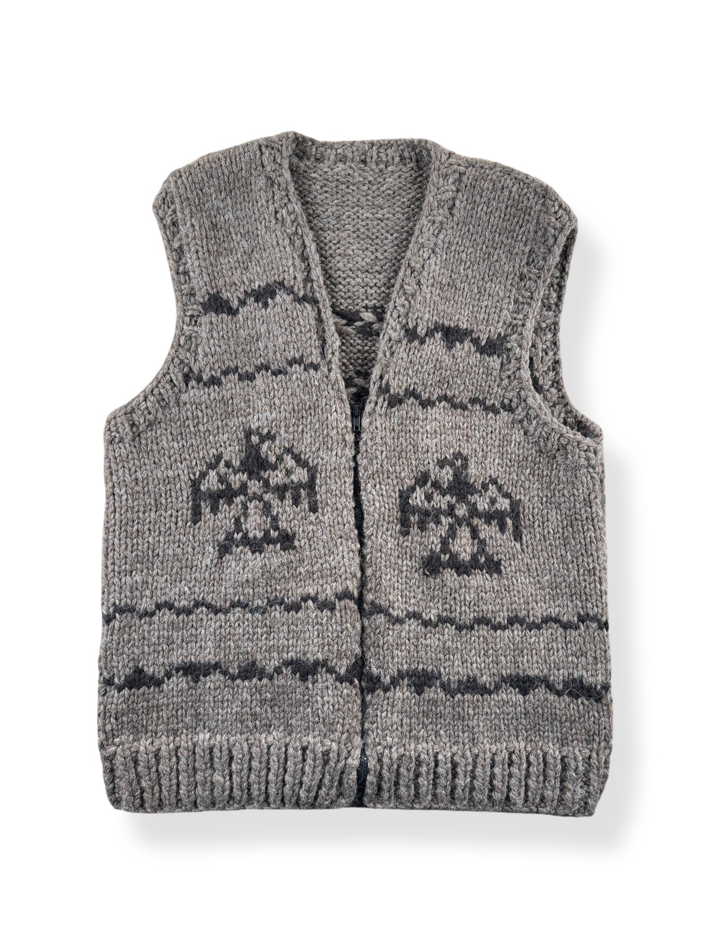 Front of Hand knit Thunderbird Cowichan Style Sweater Vest SZ M