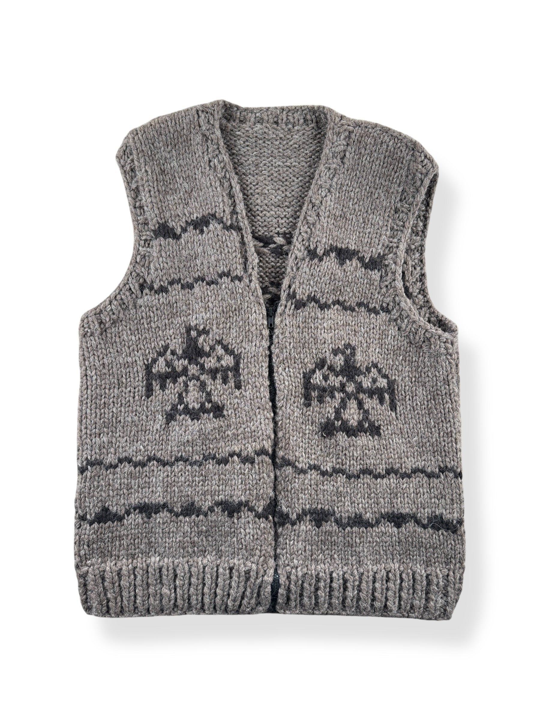 Front of Hand knit Thunderbird Cowichan Style Sweater Vest SZ M