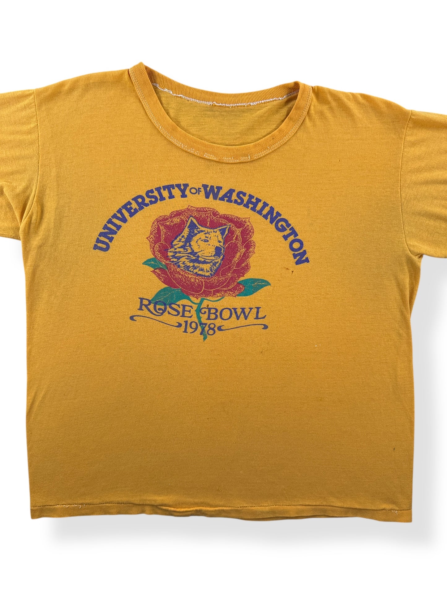 Front Close Up of Vintage Thrashed UW Rose Bowl 1978 Tee SZ L