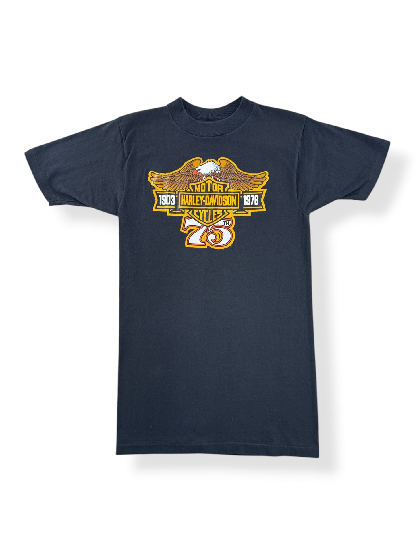 Front of Vintage Bellevue Harley Davidson 75th Anniversary Tee SZ S (Fits XS)