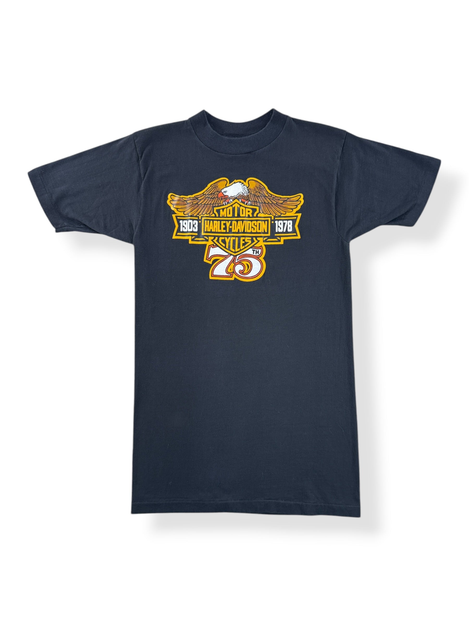 Front of Vintage Bellevue Harley Davidson 75th Anniversary Tee SZ S (Fits XS)