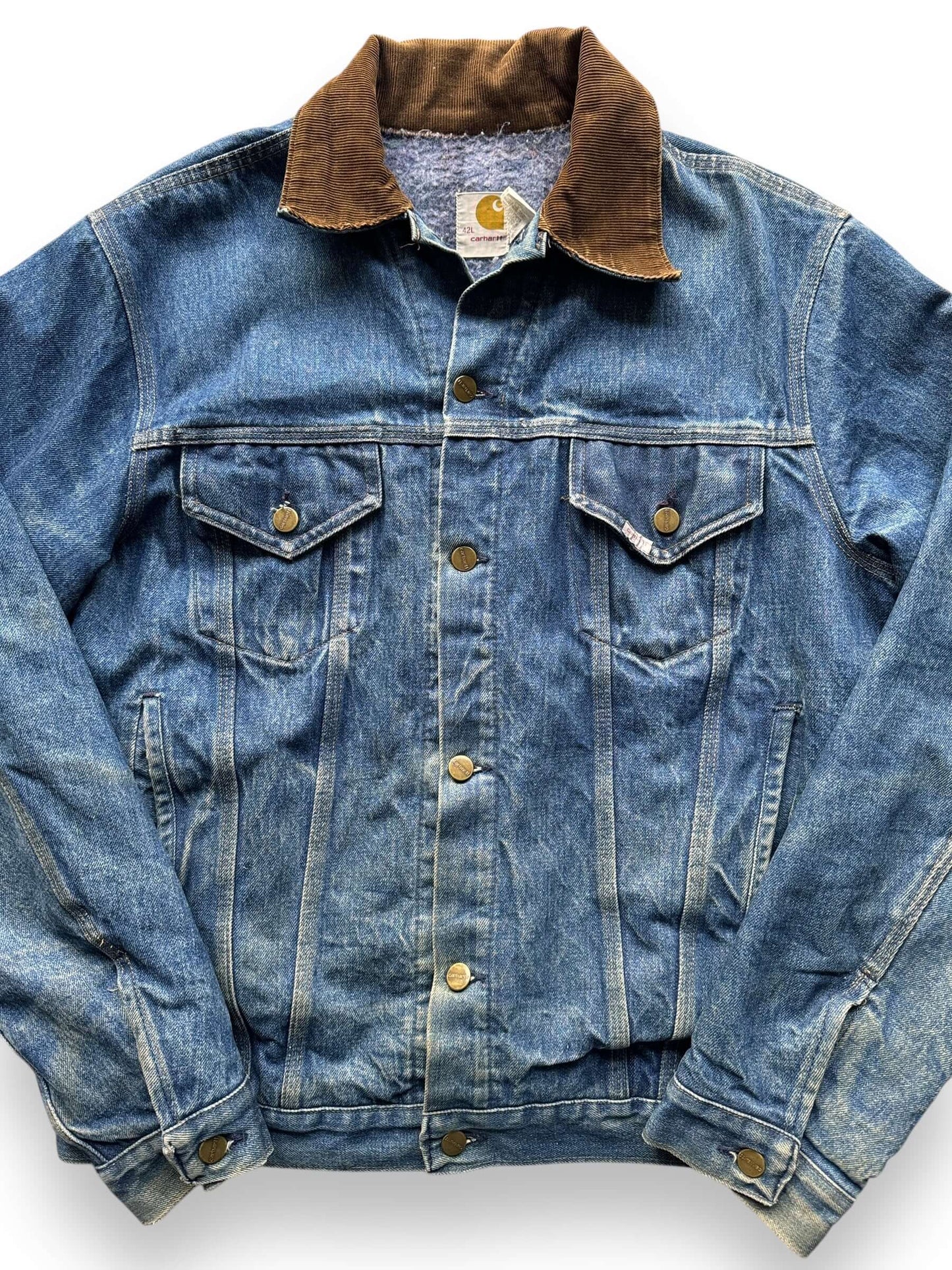 front close up of Vintage Carhartt Denim Blanket Lined Trucker Jacket SZ 42L