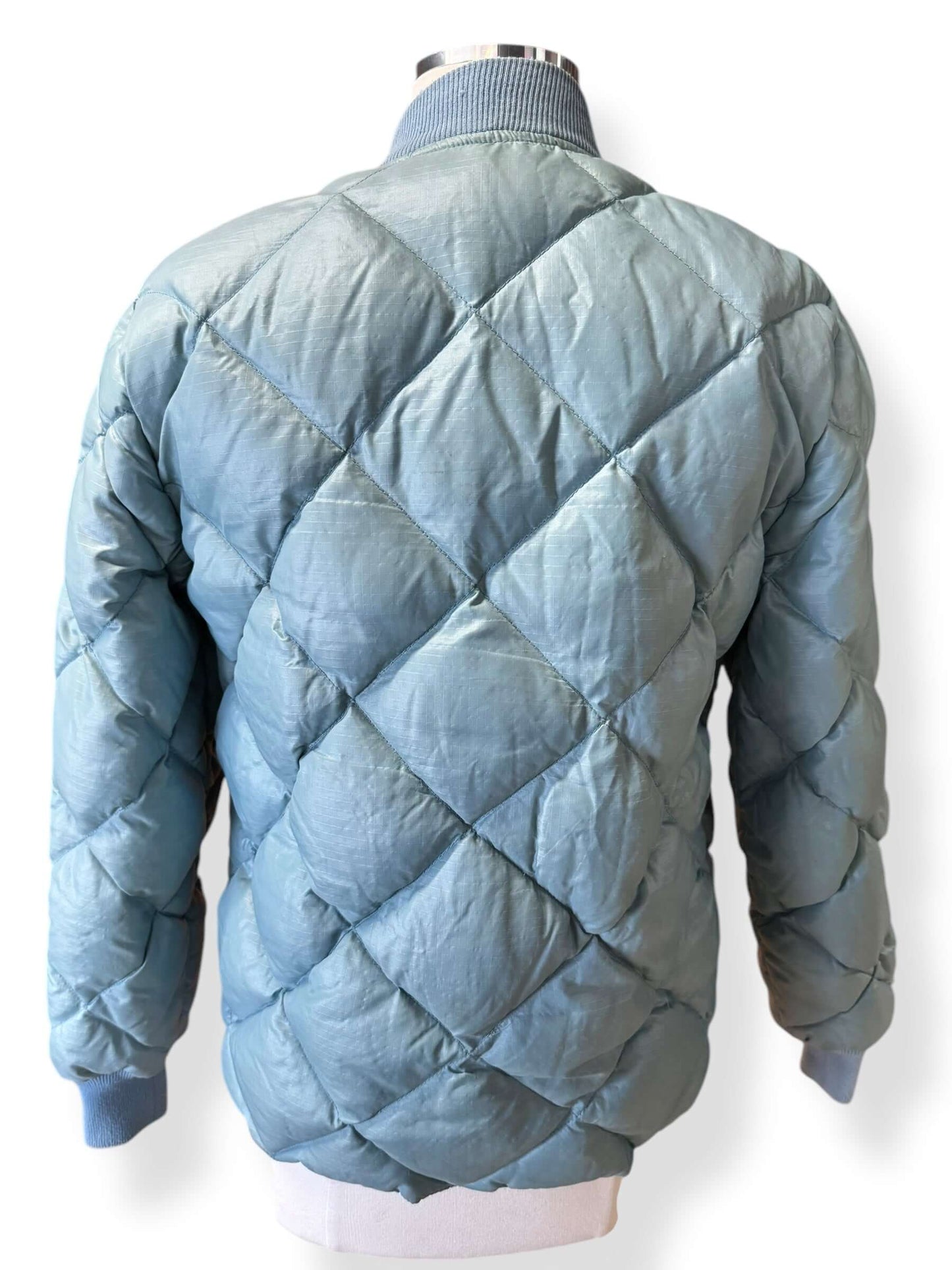 Back view of 80s Eddie Bauer Pale Blue Quilted Puffer Jacket M