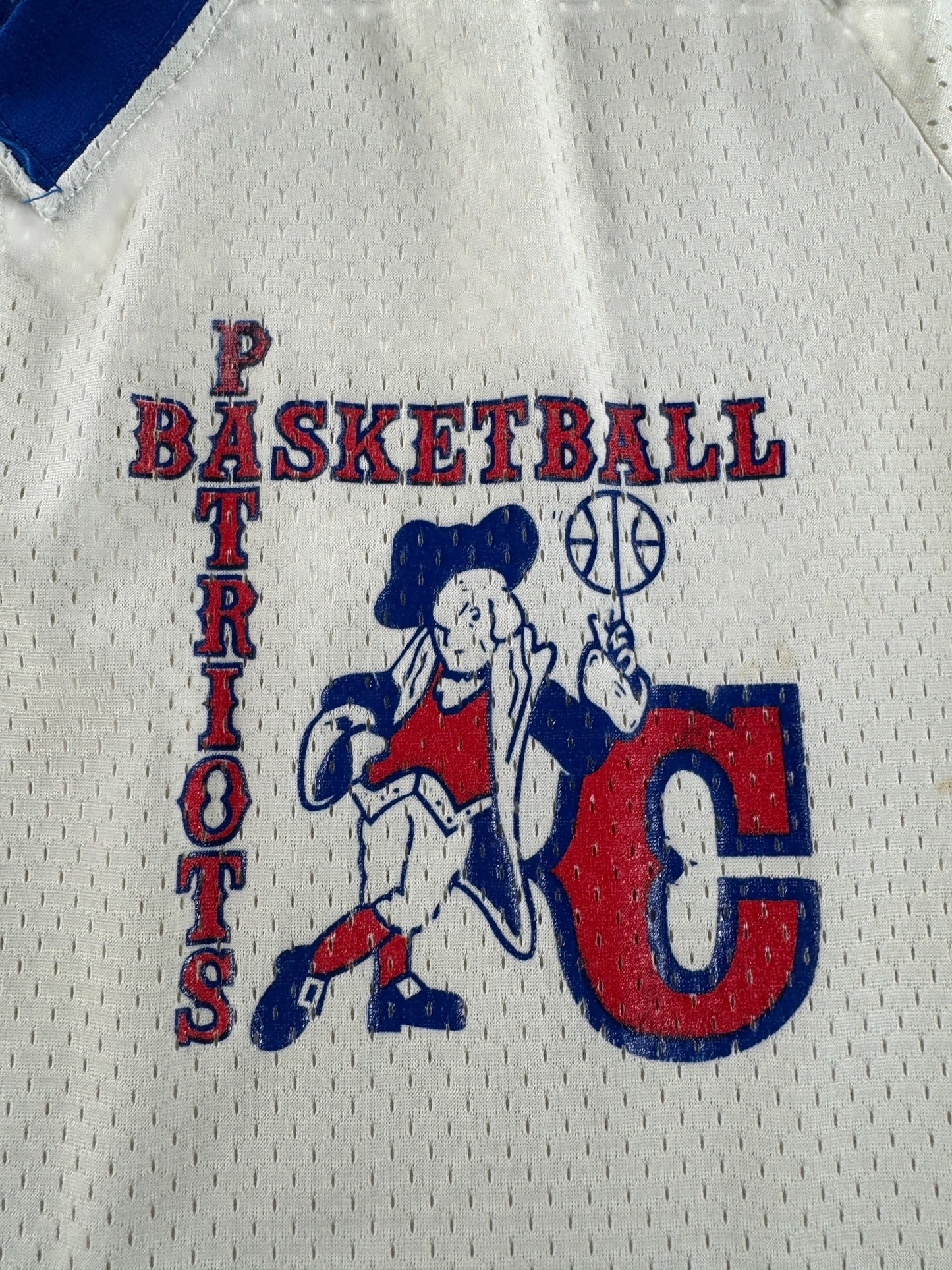 Graphic of Vintage Champion Blue Bar Patriots Basketball Jersey SZ M