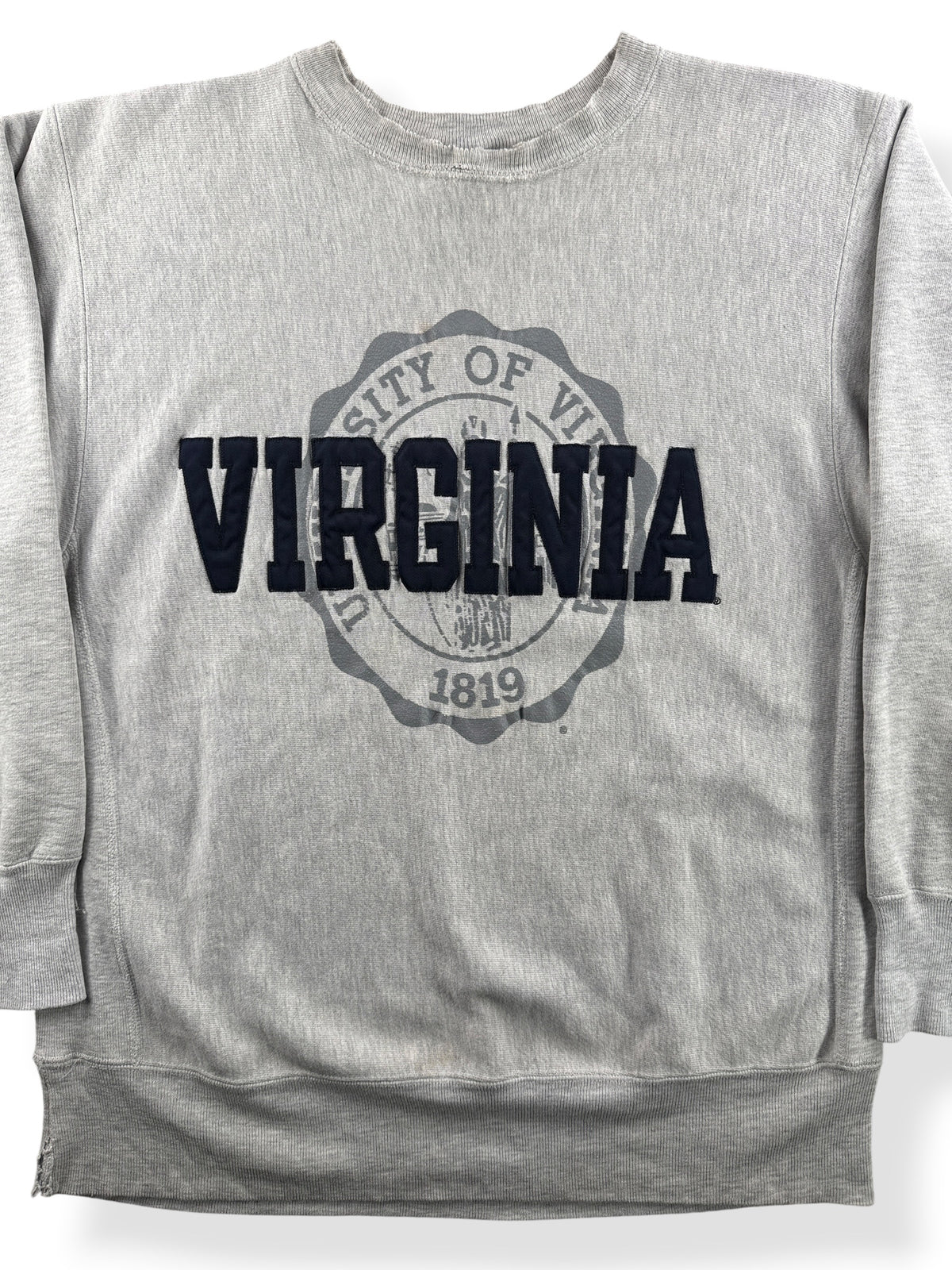 Close-up of Vintage 90s Champion U of V Reverse Weave Crewneck SZ XL (Fits L)
