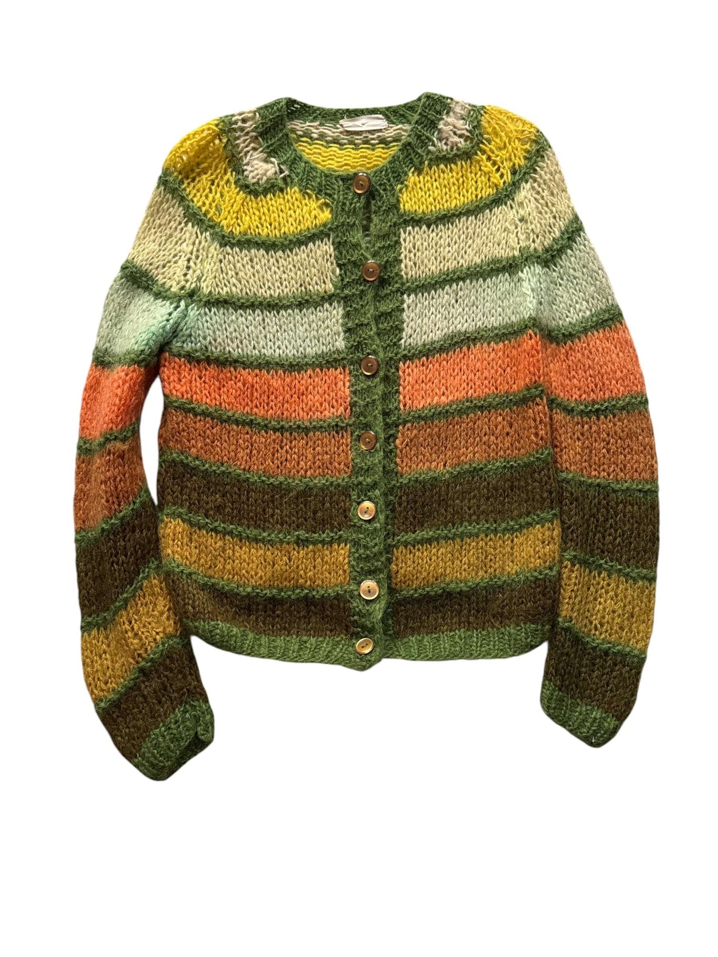 Front view of 1960s Green and Orange Striped Cardigan L