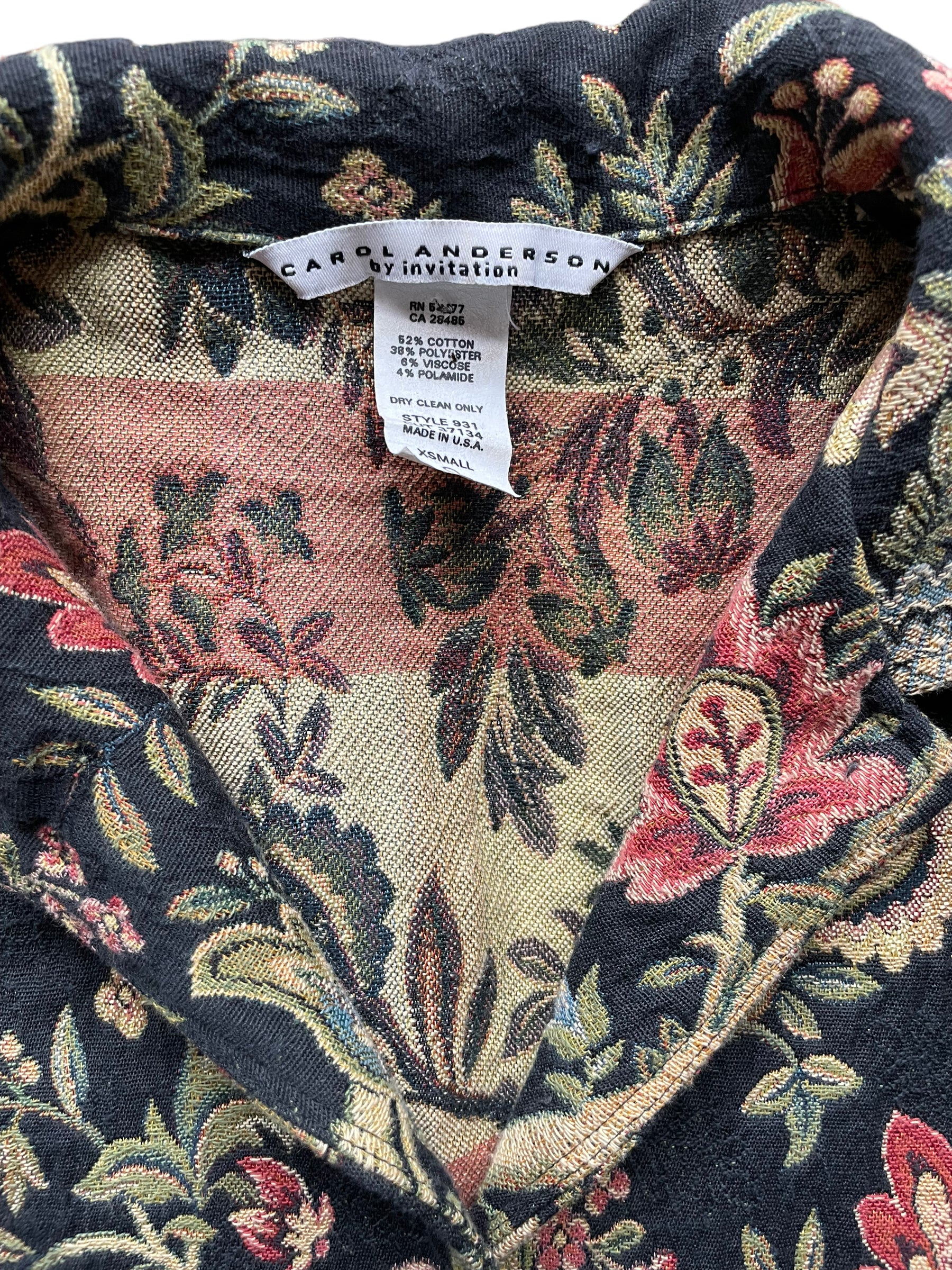 Tag view of Vintage 90s Ladies Tapestry Jacket | Seattle True Vintage | Barn Owl Ladies Clothing
