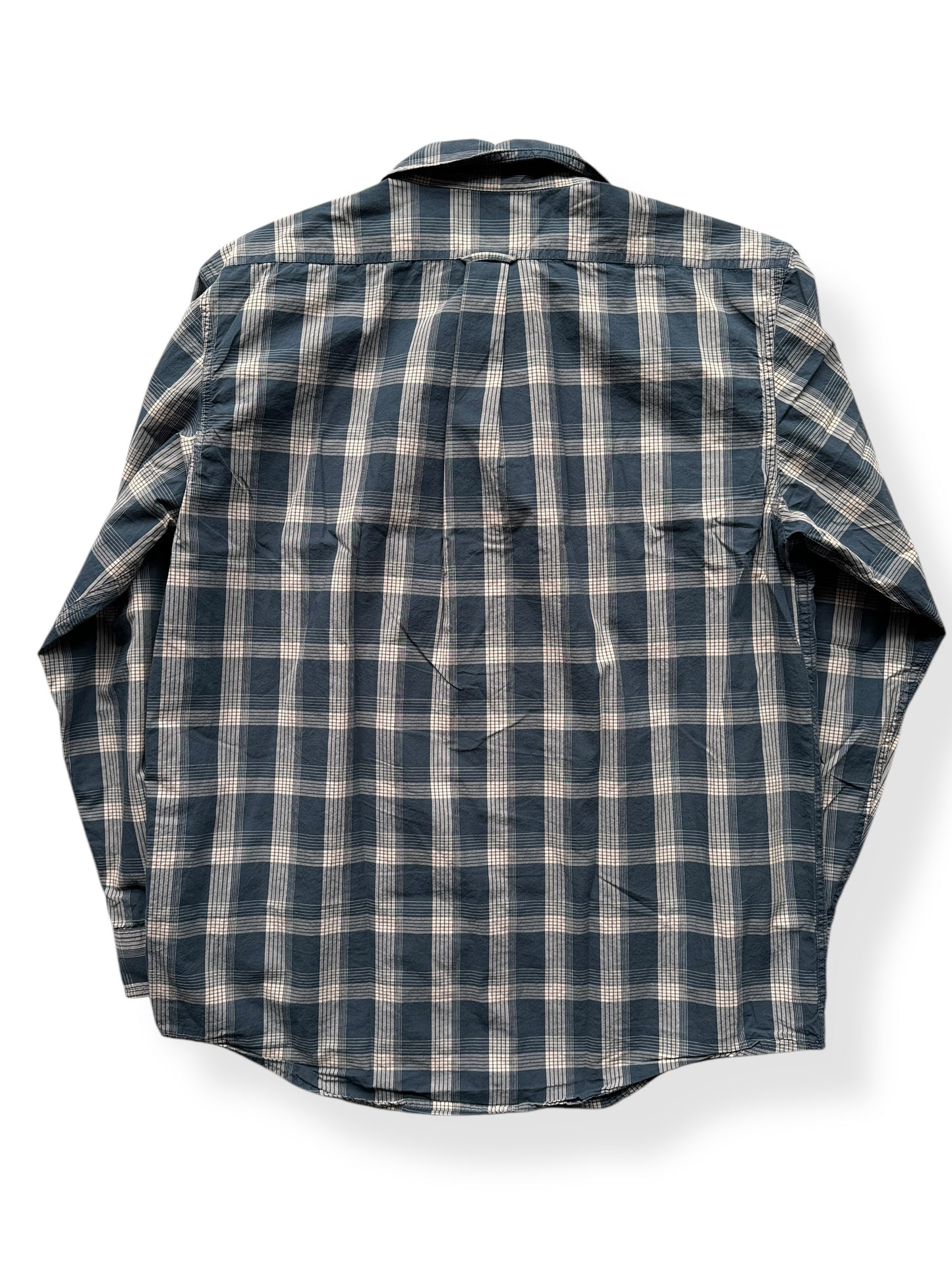 Back of Filson Blue Plaid Feather Cloth Shirt SZ M