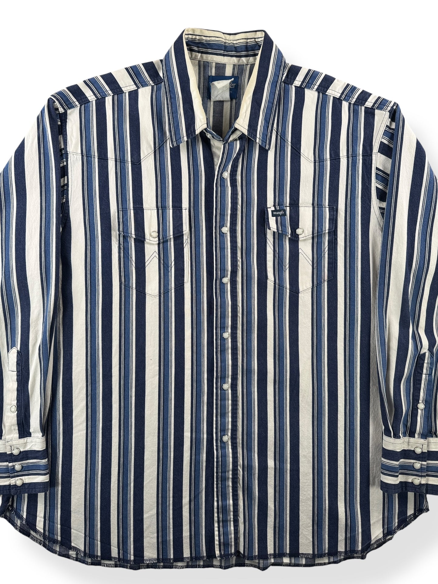 Front Close Up of Vintage Wrangler Brushpopper Striped Pearlsnap SZ XXL