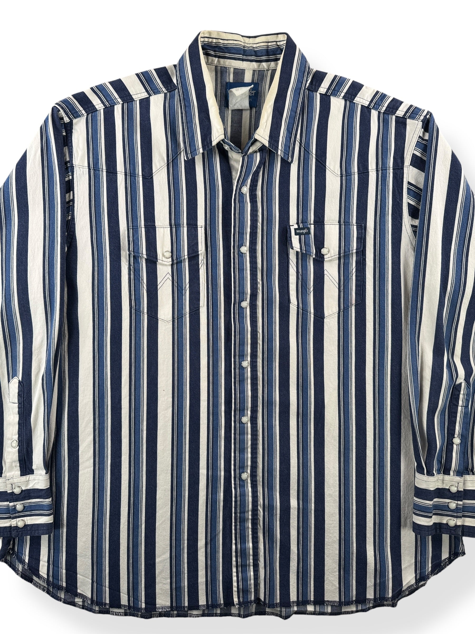 Front Close Up of Vintage Wrangler Brushpopper Striped Pearlsnap SZ XXL