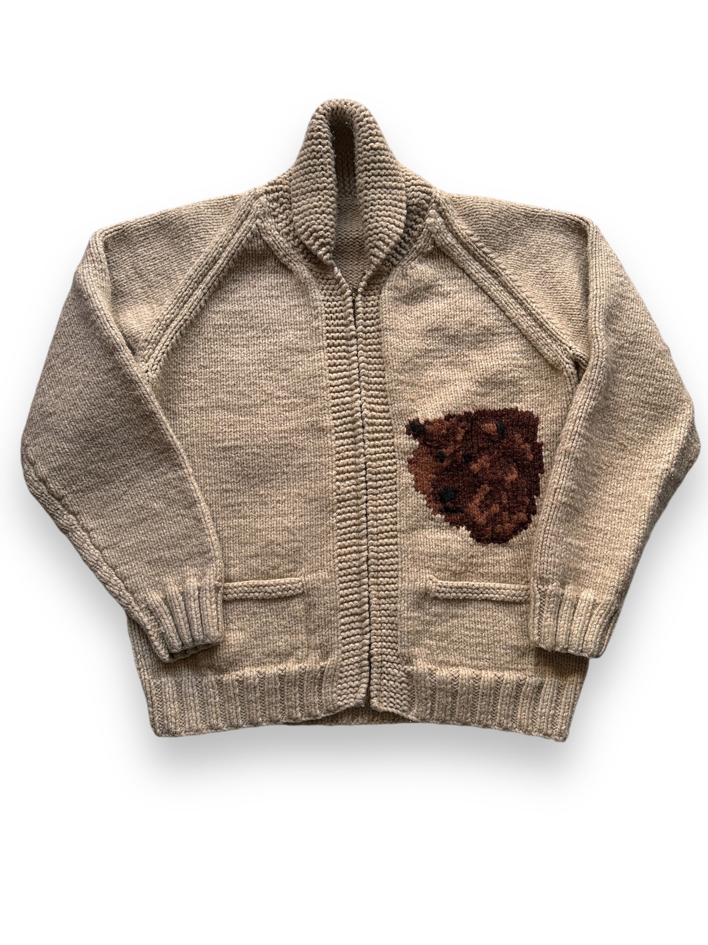 Front View of Vintage Bear Themed Cowichan Sweater SZ L