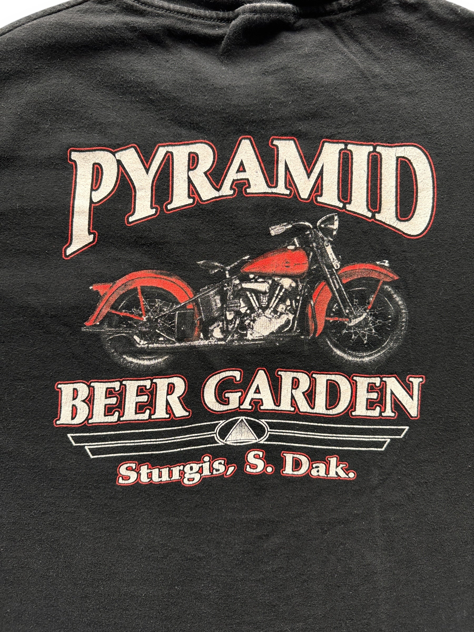 back of Vintage Sturgis Pyramid Beer Garden Pocket Tee SZ M