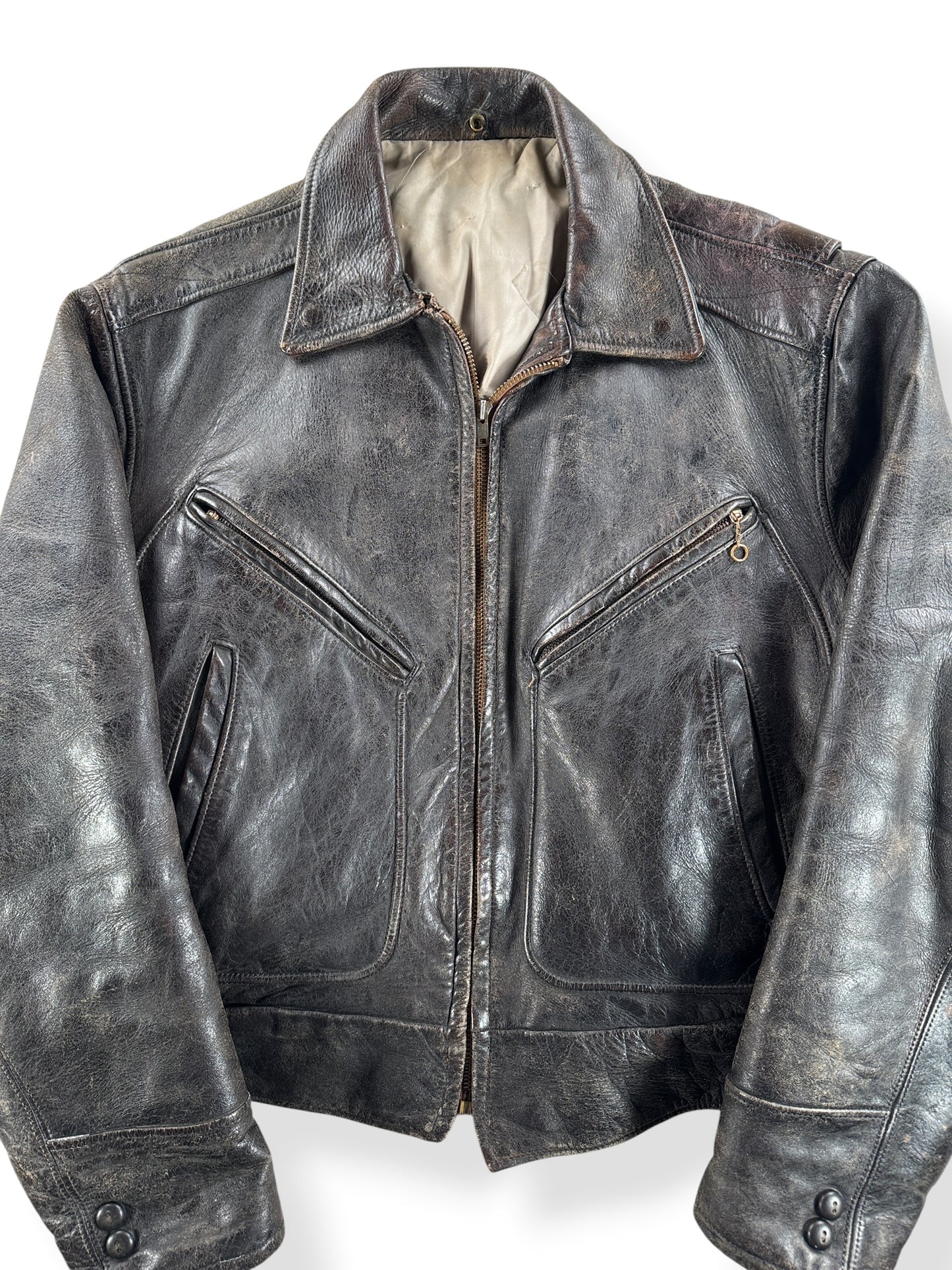 Front Close Up of Vintage 60s Leather Jacket SZ L