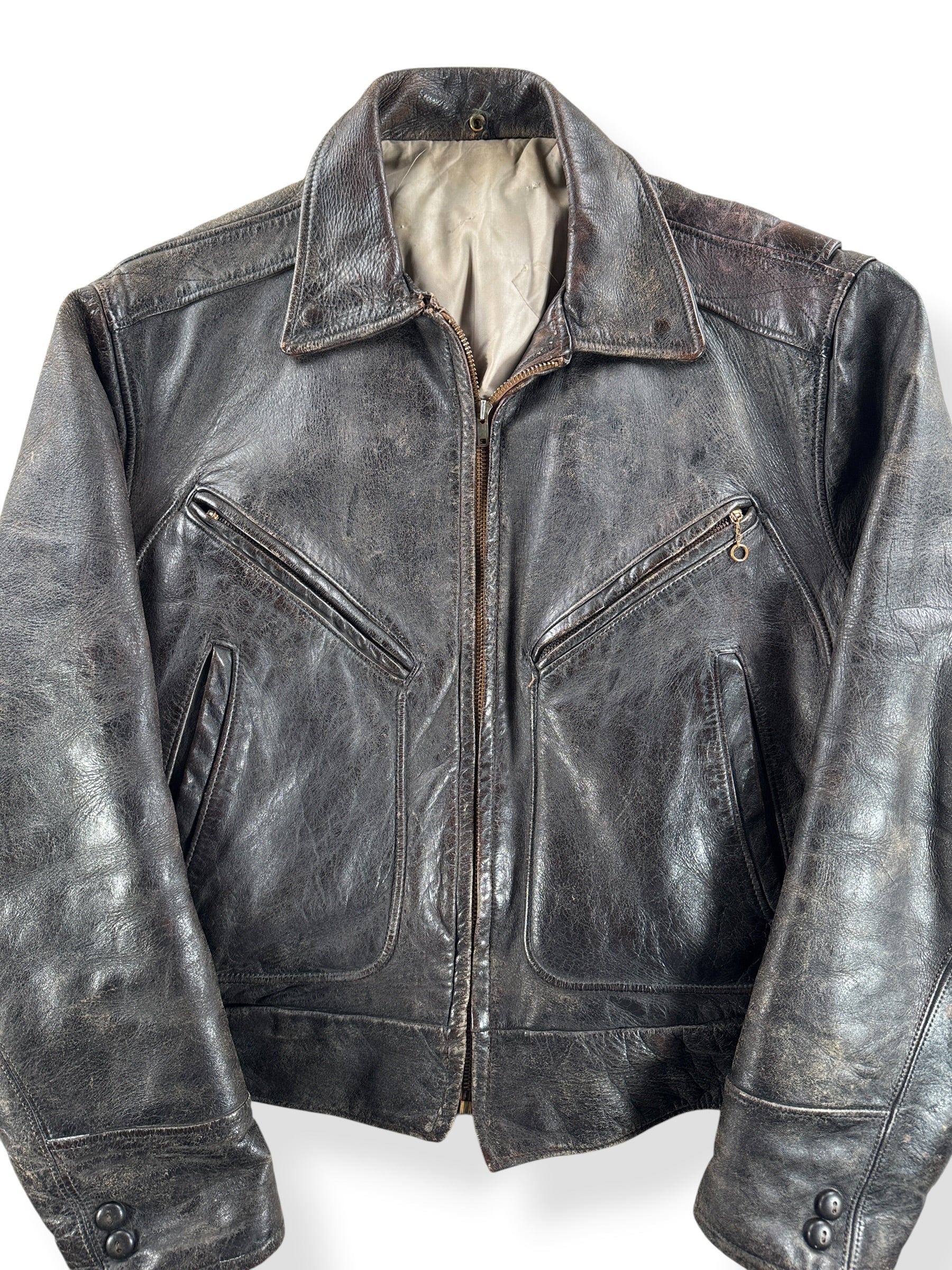 Front Close Up of Vintage 60s Leather Jacket SZ L