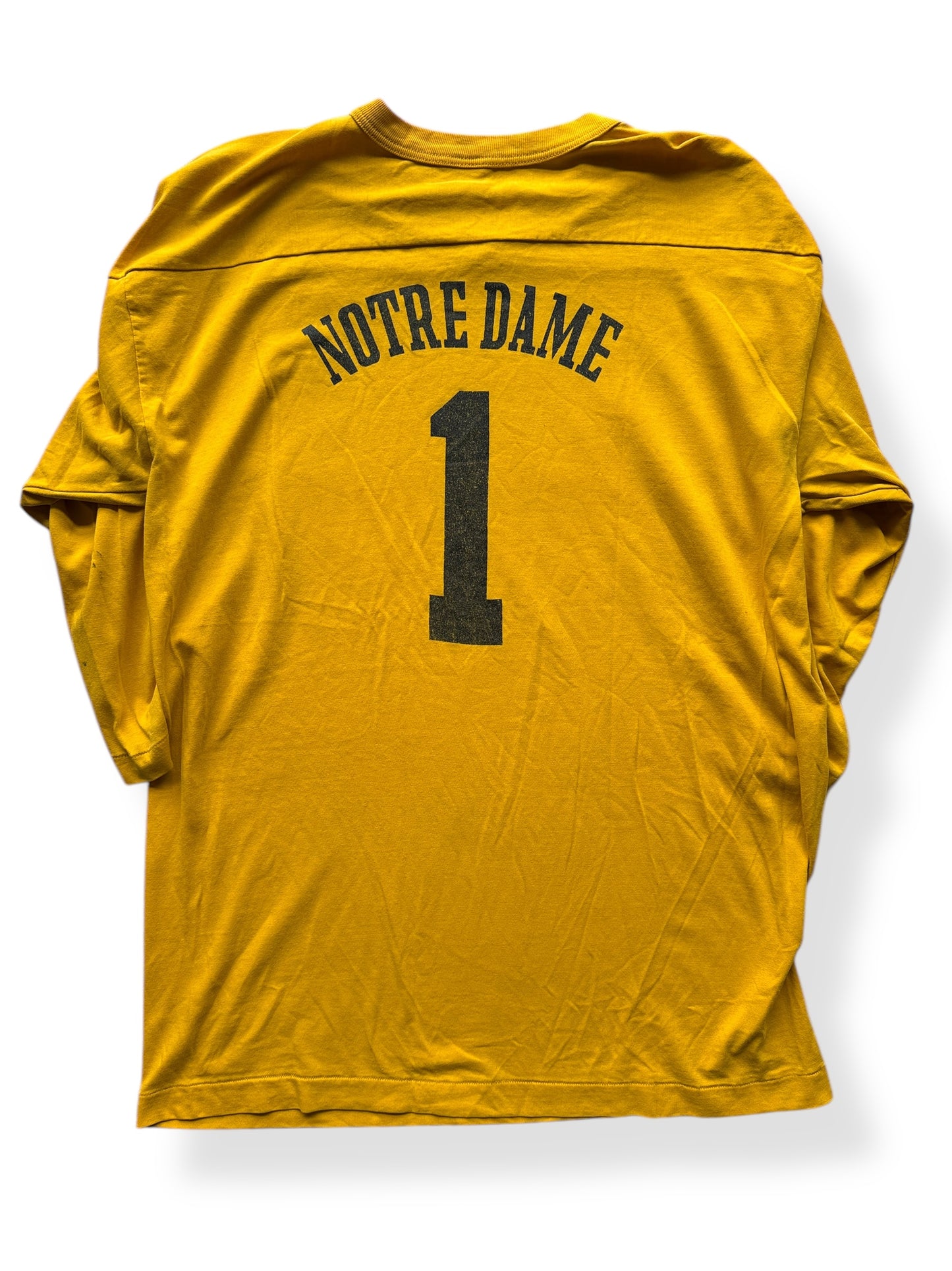 Back of Vintage Champion Blue Bar Notre Dame Jersey SZ XL