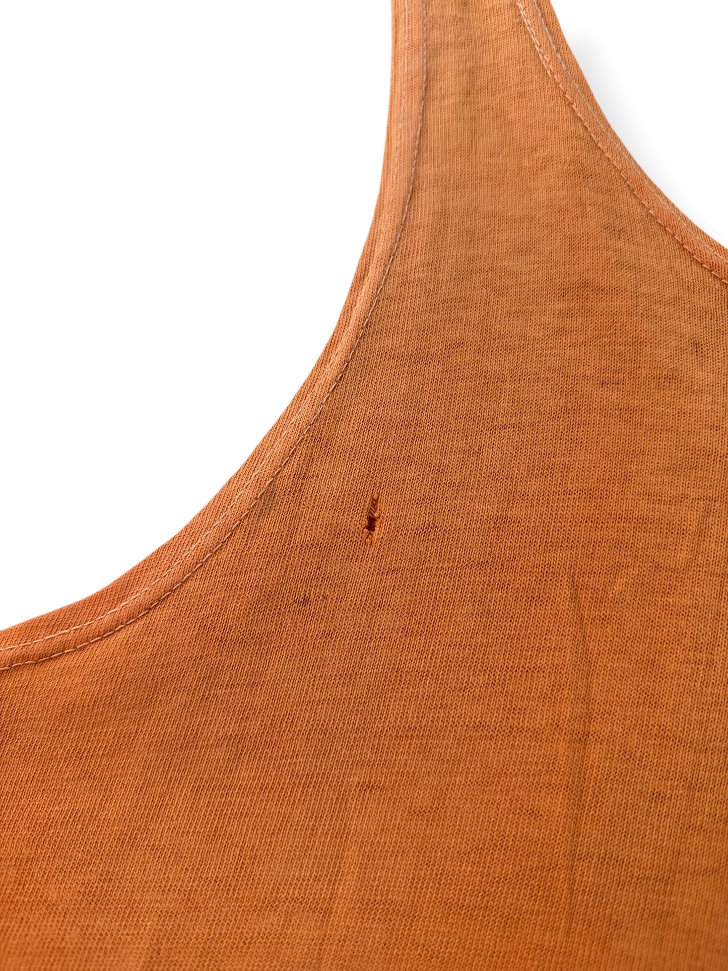 Small hole on the back of Vintage 1960s Faded Orange LCHS Tigers Tank Top SZ M (Fits S)
