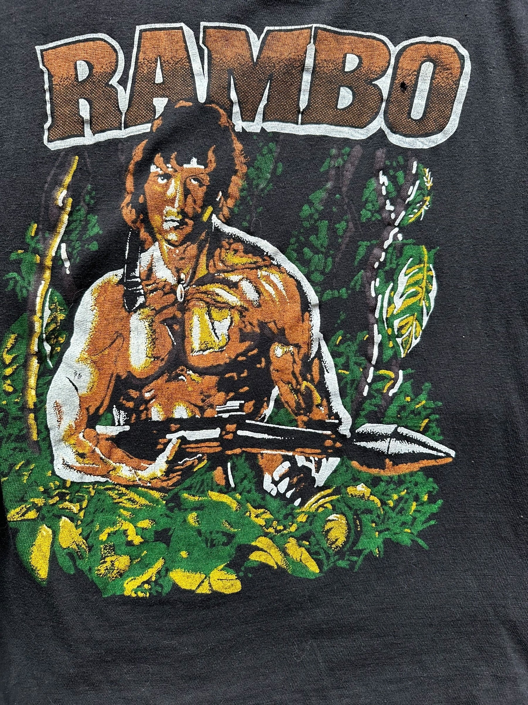 Front Graphic Detail on Vintage Sylvester Stallone Rambo T-Shirt SZ L |  Vintage John Rambo Tee Seattle | Barn Owl Vintage