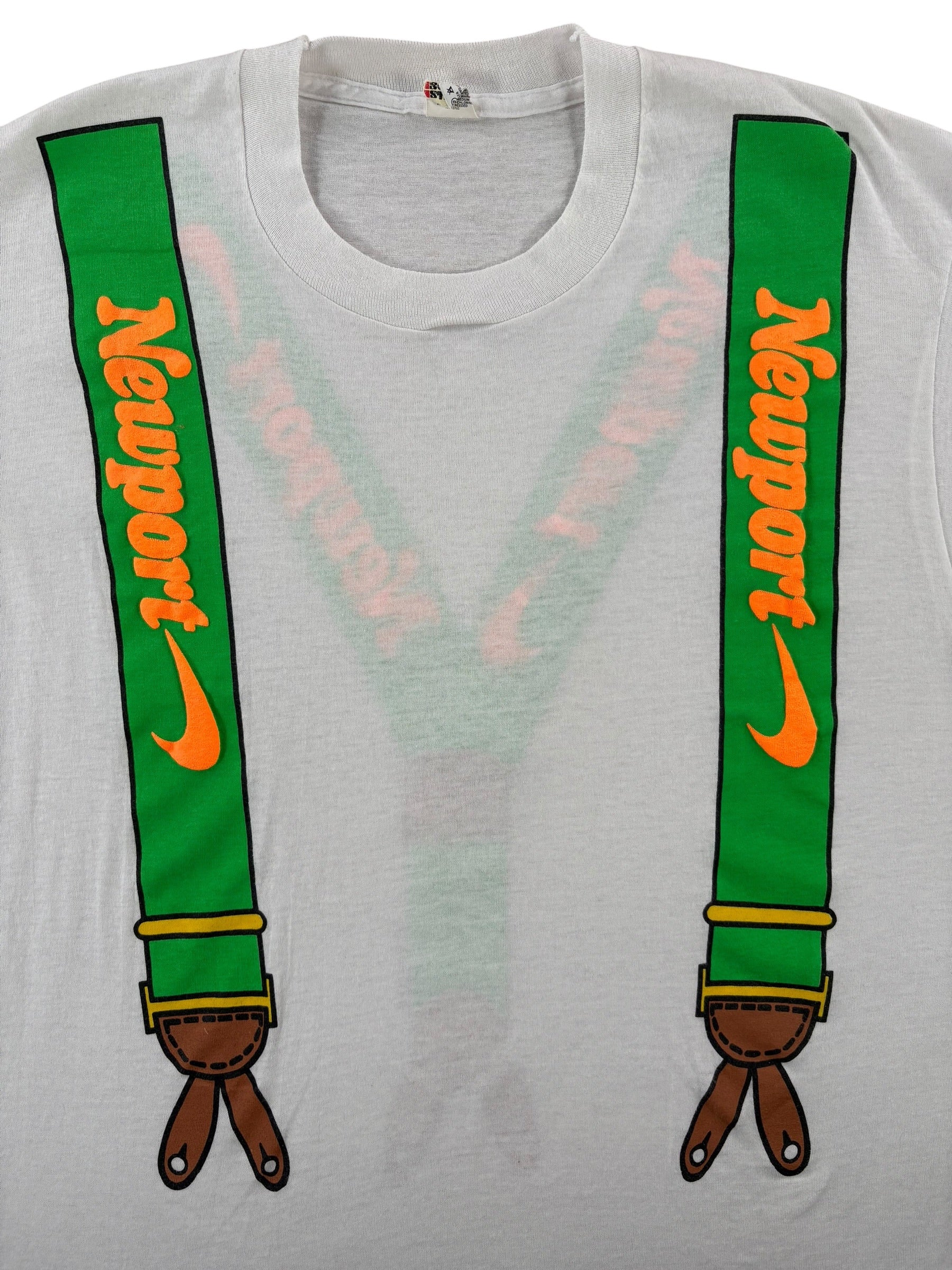 Front Graphic of Vintage Newport Cigarettes Suspender Tee SZ L (Fits M)