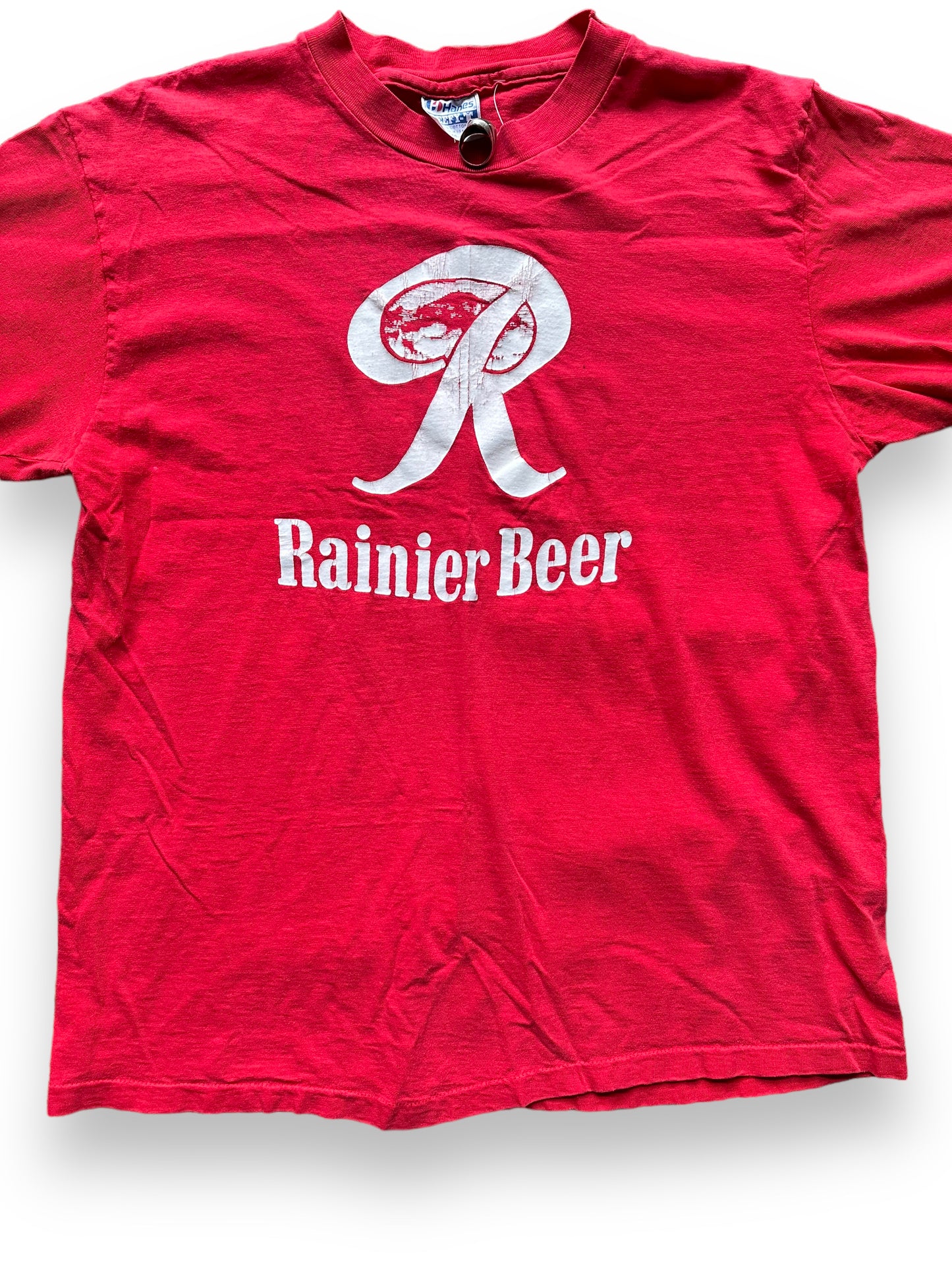 Front Detail on Vintage 1985 Rainier Beer Tennis Tournament Tee SZ XL | Vintage Beer T-Shirts Seattle | Barn Owl Vintage Tees Seattle