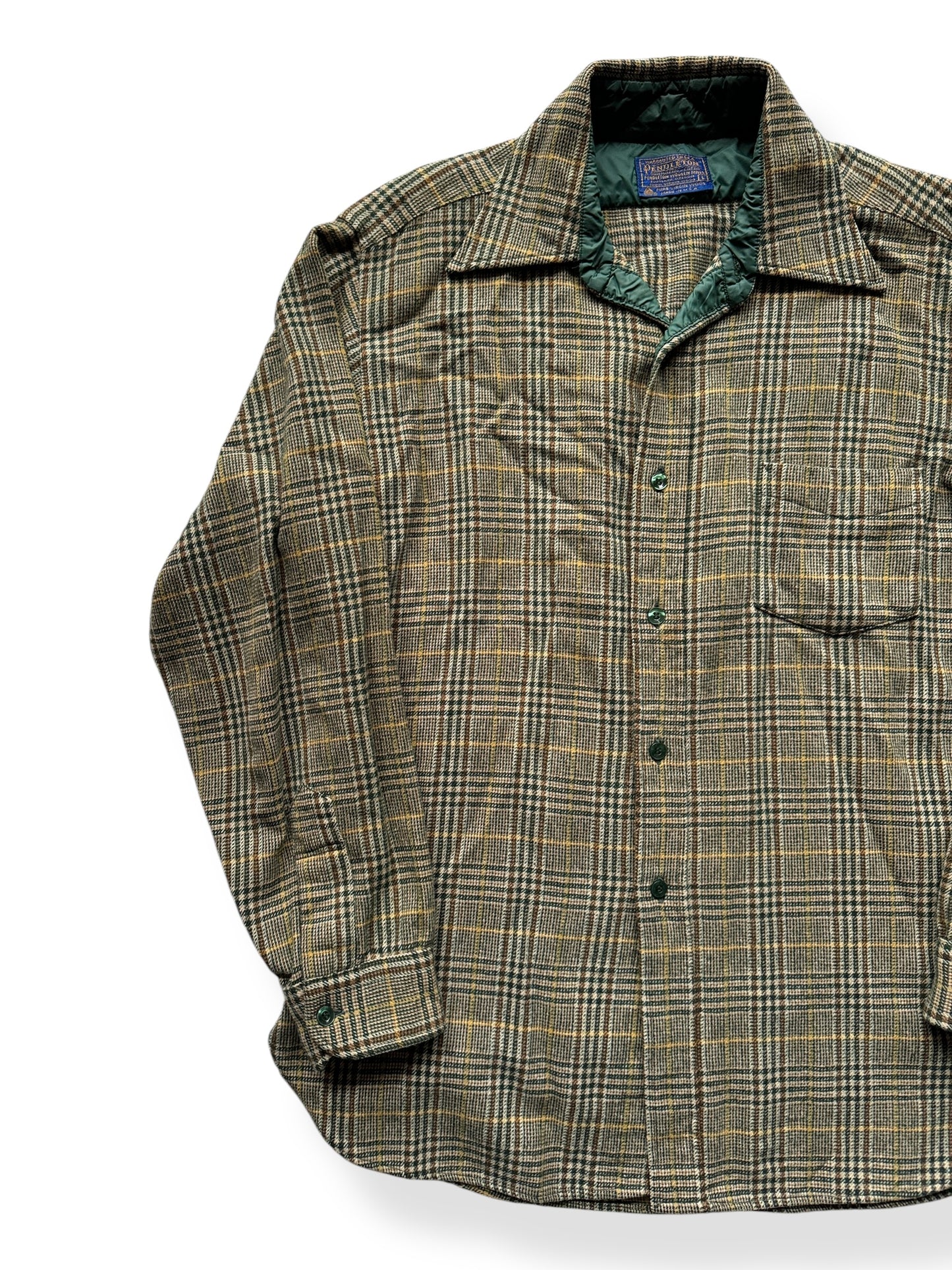 Front Right of Vintage Pendleton Green & Beige Flannel SZ L