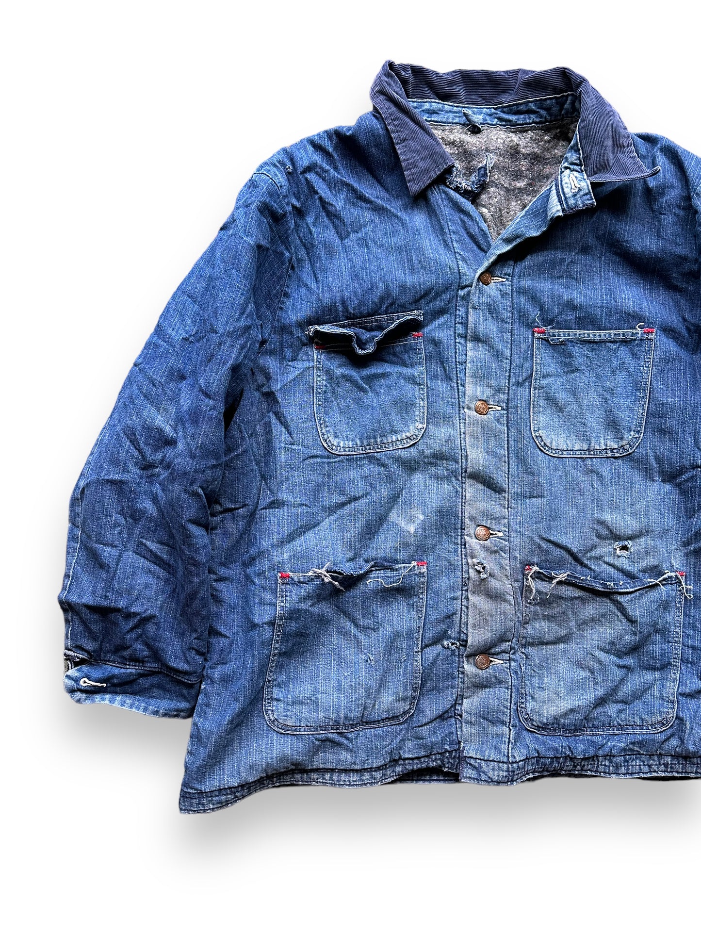 Front Right View of Vintage Blanket Lined Wrangler Blue Bell Chore Coat SZ 50 | Vintage Denim Jacket Seattle | Seattle Vintage Clothing