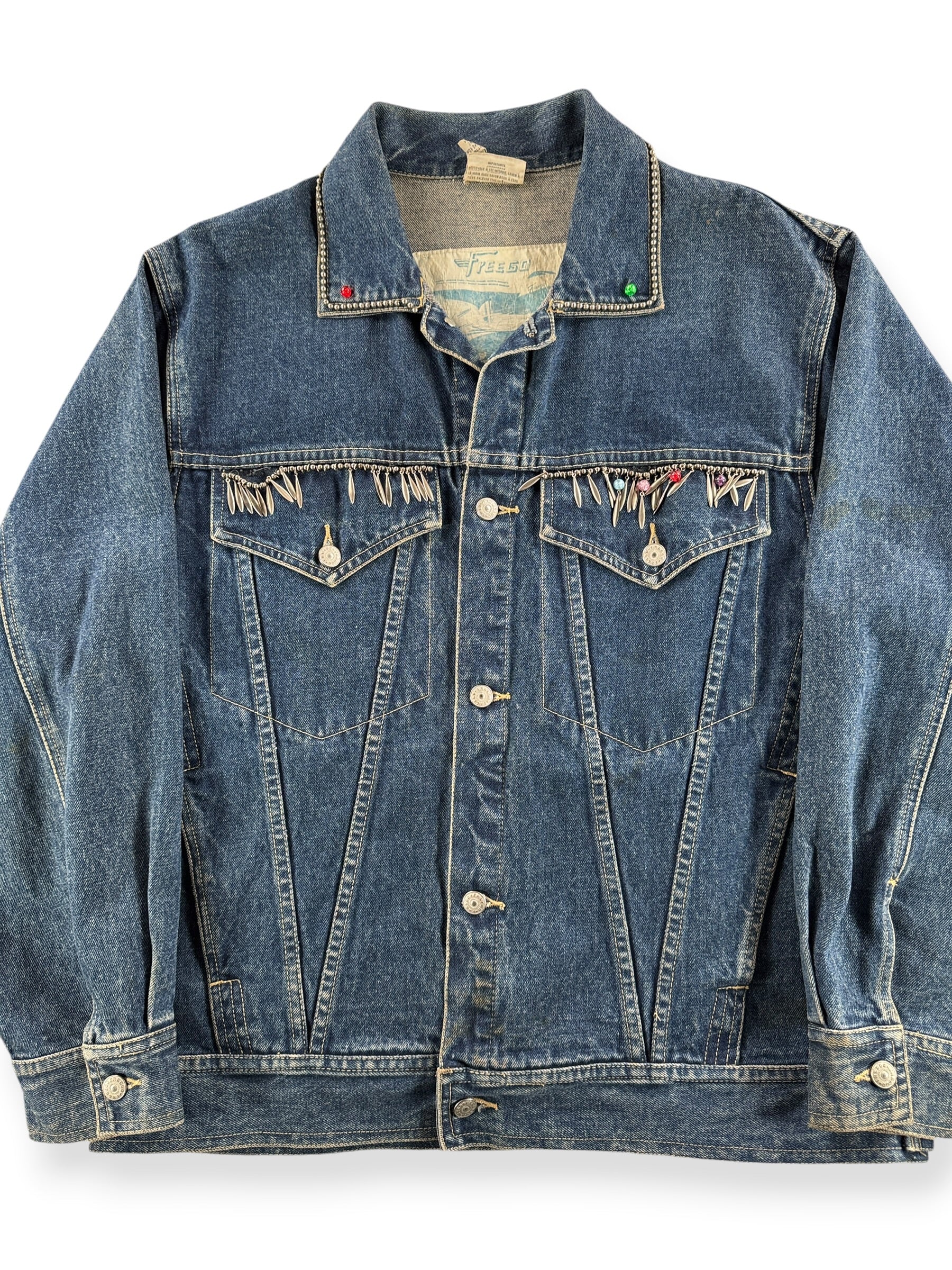 Front Close Up of Vintage 90s Studded & Charmed Freego Trucker Jacket SZ L