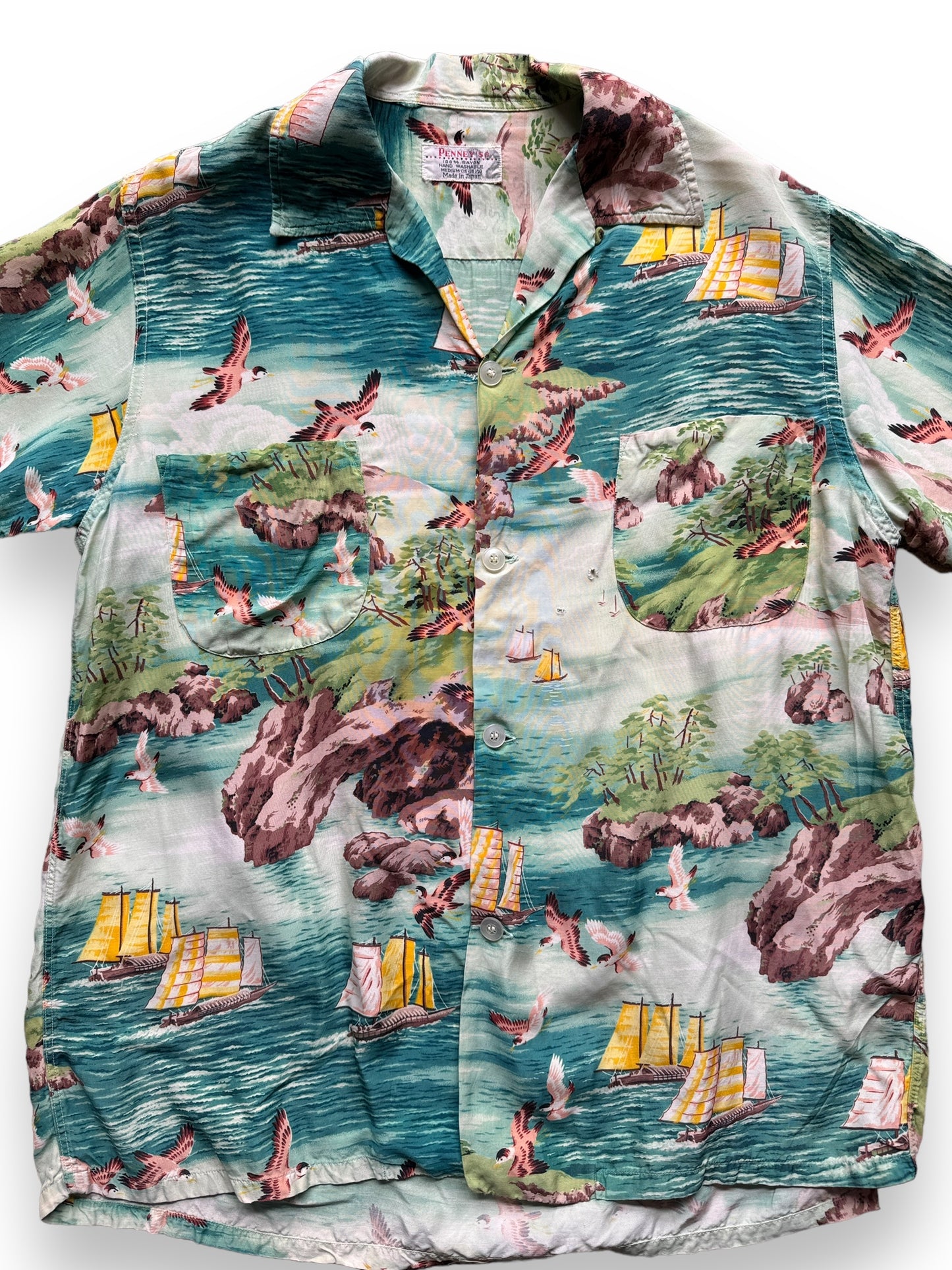 Vintage Made in Japan Boats and Birds Motif Penney's Aloha Shirt SZ M