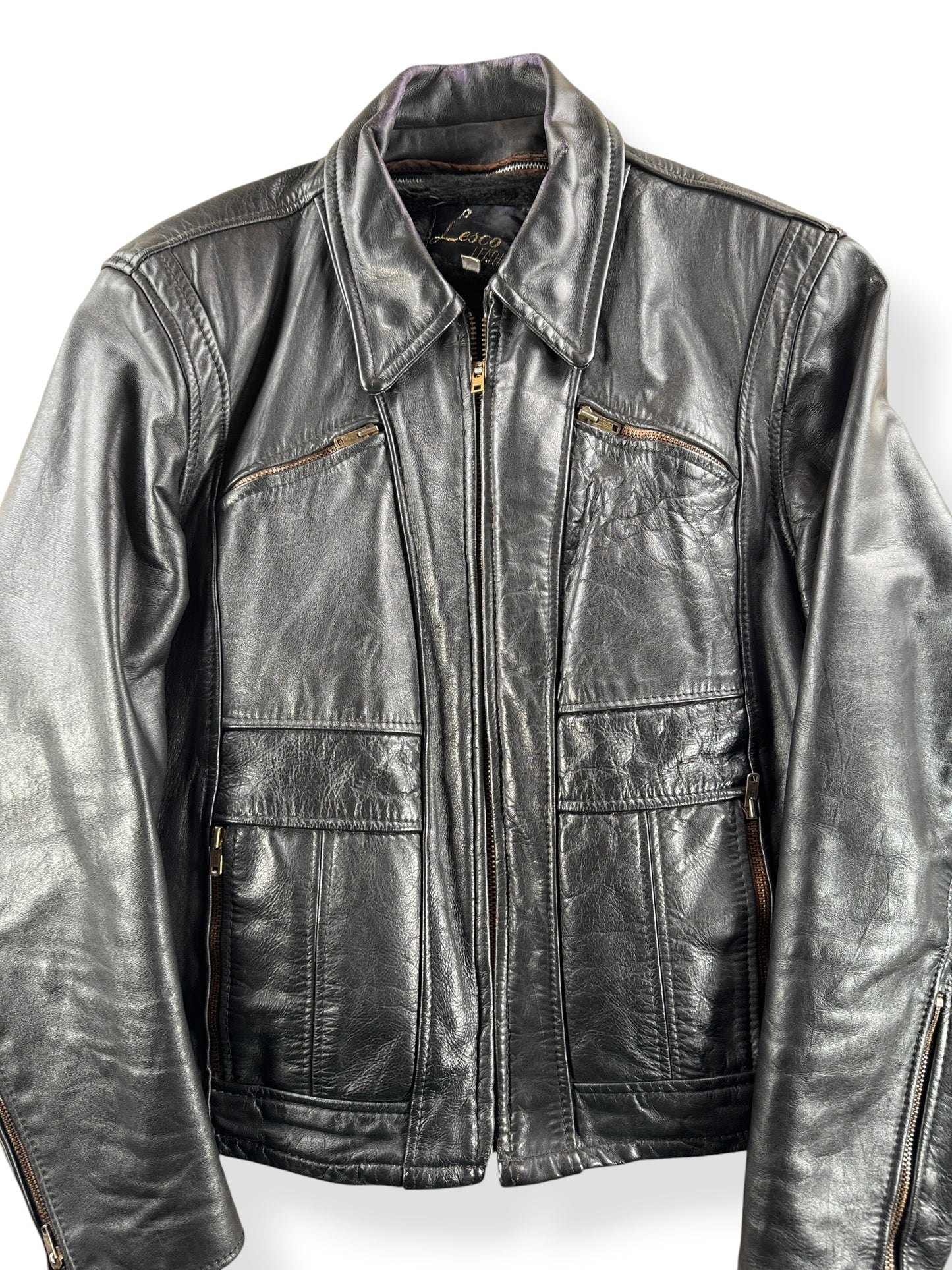 Close up of front on Vintage Lesco Leather Jacket