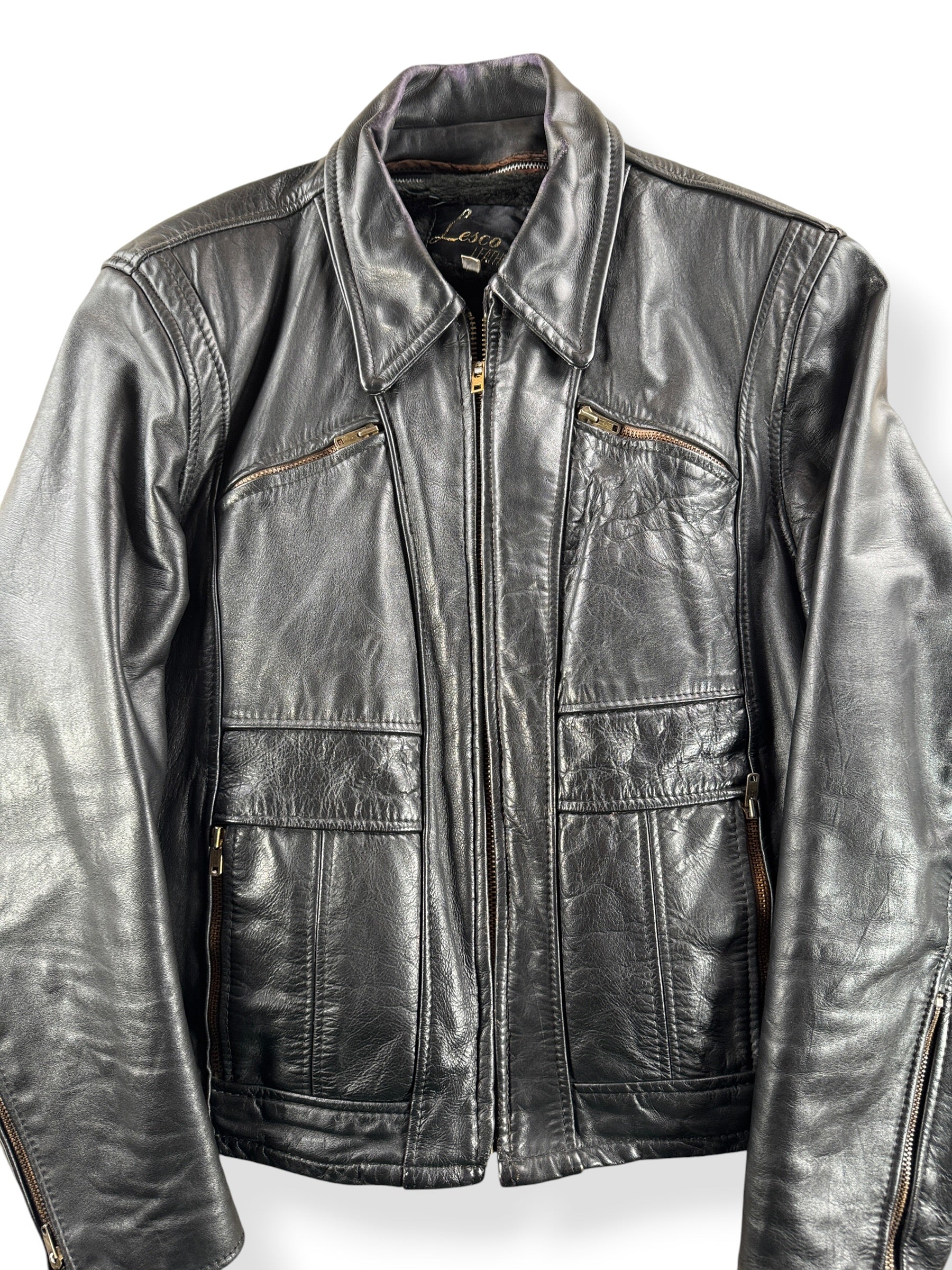 Close up of front on Vintage Lesco Leather Jacket