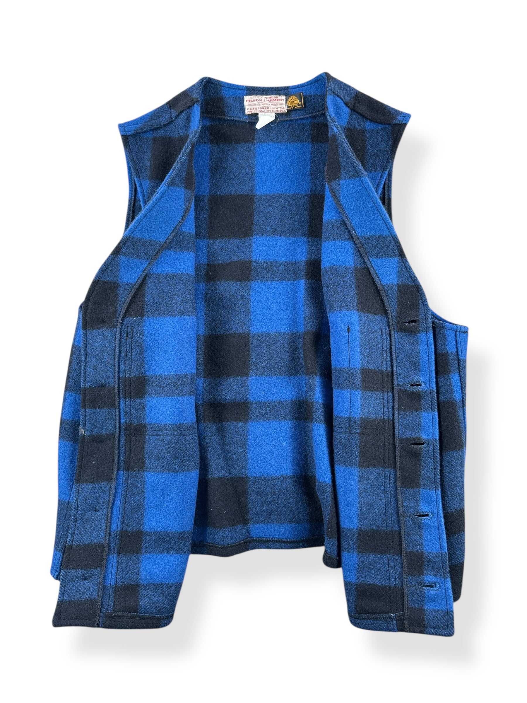 Inside of Vintage Filson Cobalt Blue and Black Mackinaw Wool Vest SZ 48