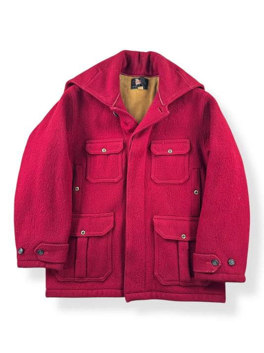 Front of Vintage Woolrich Burgundy Hooded Wool Jacket SZ 44