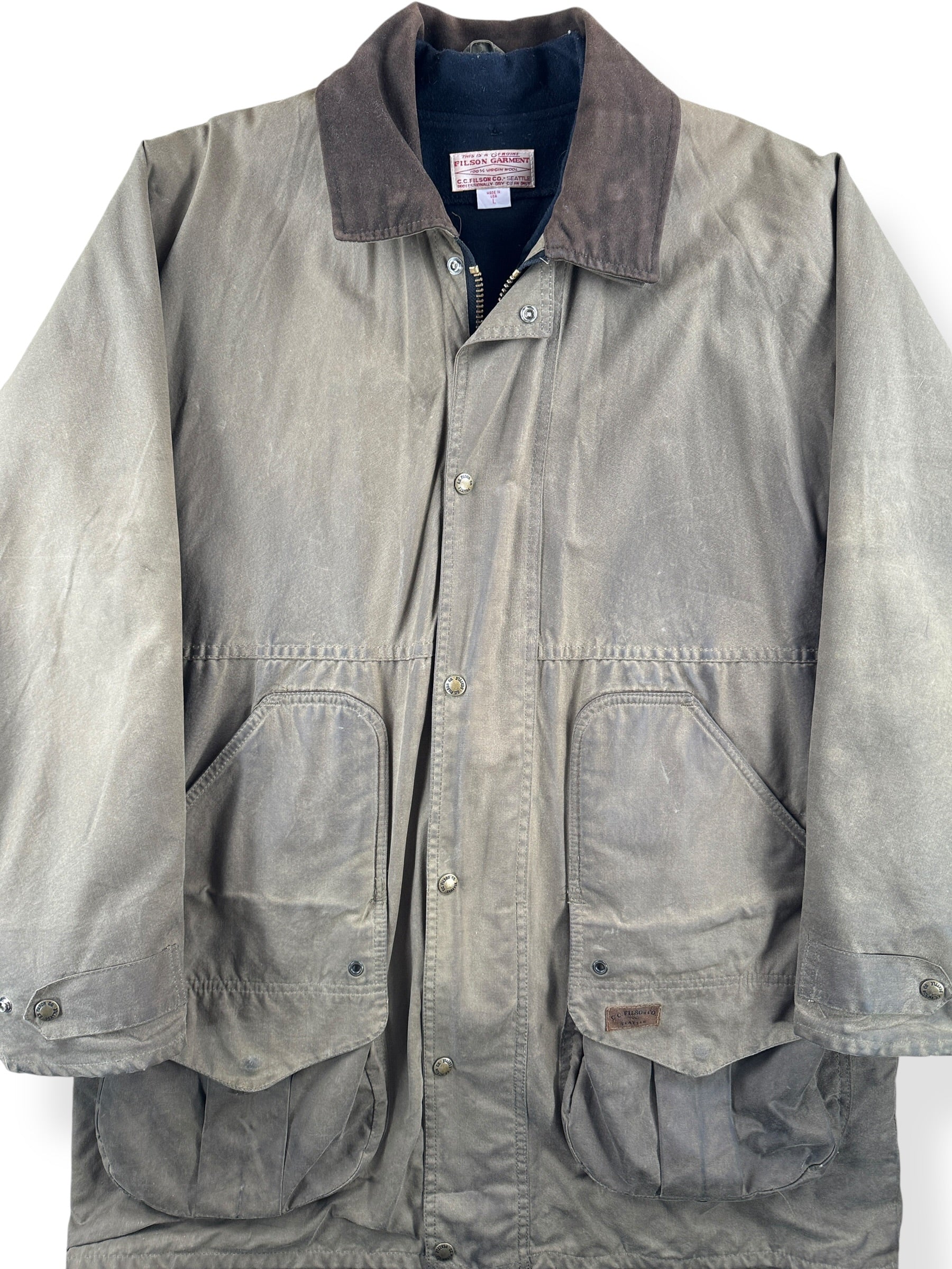 Front Close Up of Green Label Filson Foul Weather Coat with Liner SZ L