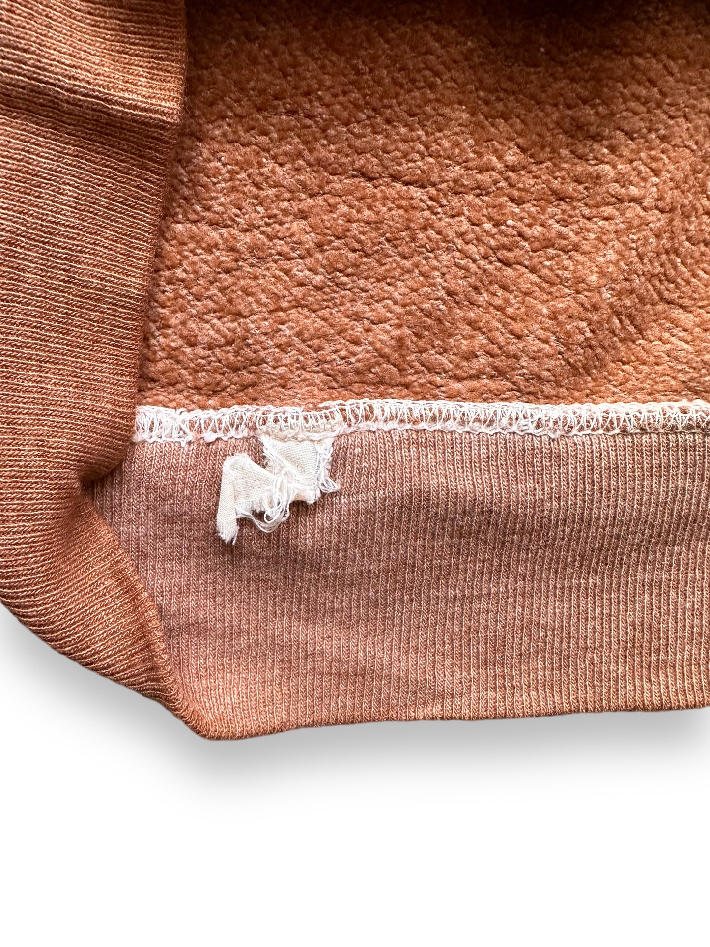 Obliterated Tag View of Vintage Brown Short Sleeve Crewneck Sweatshirt SZ M | Barn Owl Vintage Clothing | Seattle Vintage Sweatshirts