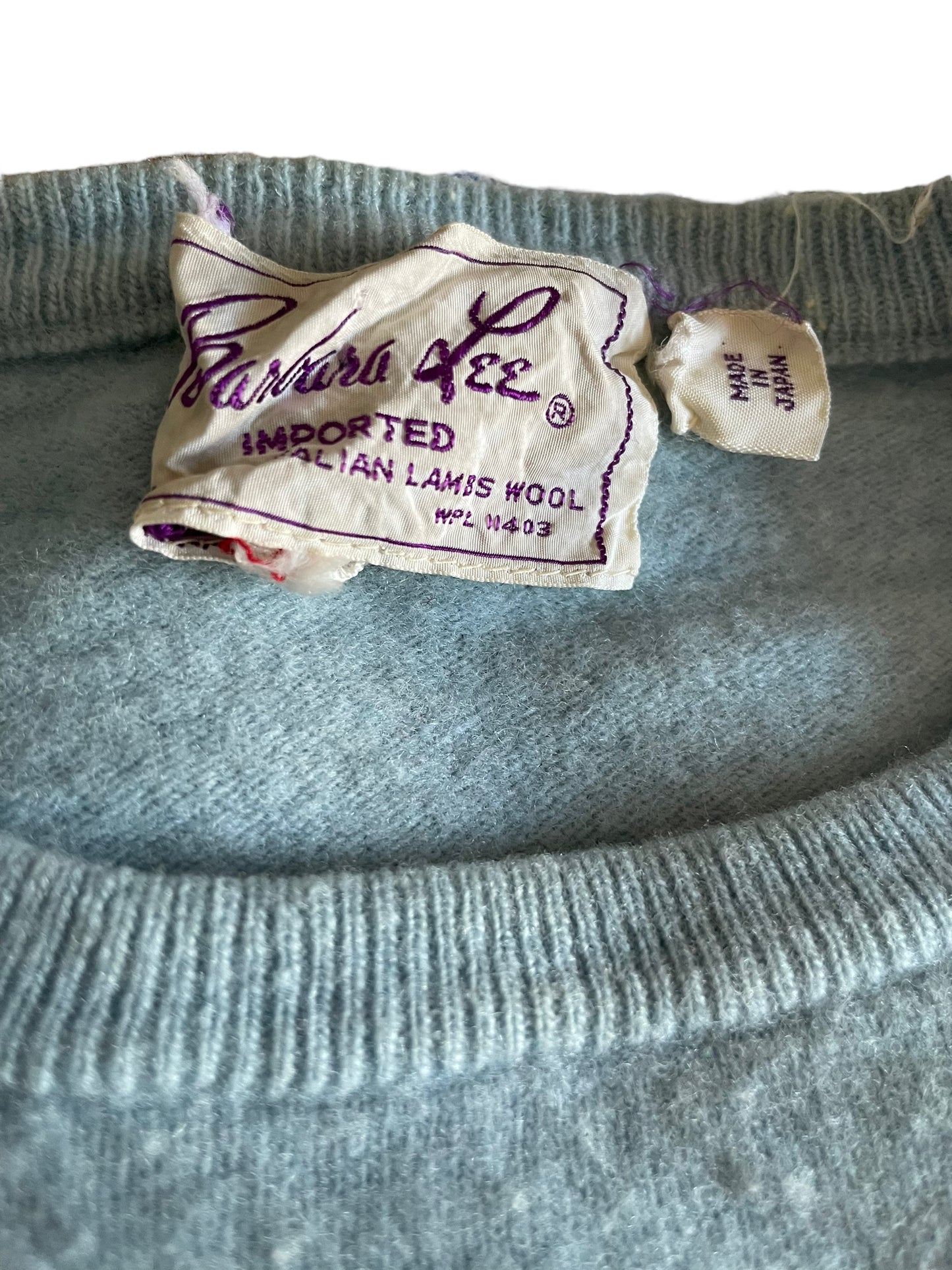 Tag view of Vintage 1950s Blue Short Sleeve Lamb's Wool Sweater | Seattle Vintage Sweaters | Barn Owl Vintage
