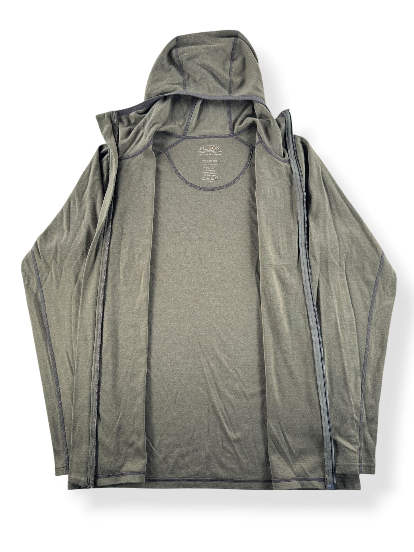 Inside of Filson Merino Wool Hoodie SZ L